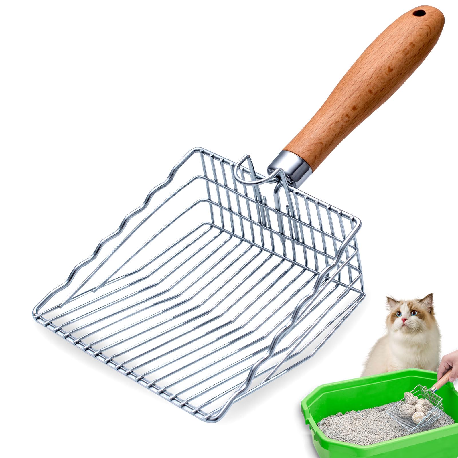 Premium Stainless Steel Cat Litter Scoop with Long Handle - Non-Stick, Durable Kitty Litter Box Scooper for Easy Cleaning | Perfect for Multi-Cat Households & Odor Control