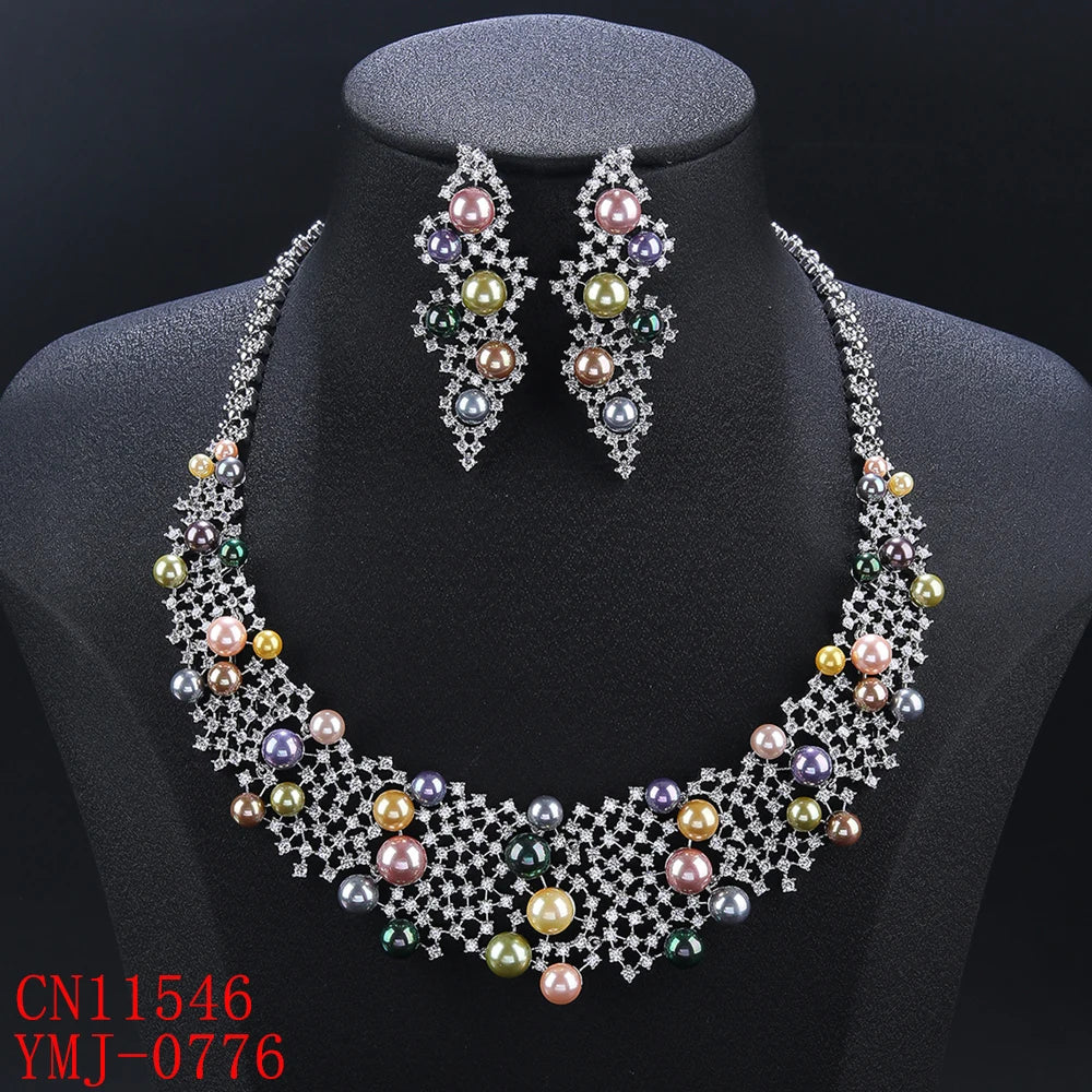 Elegant Bridal Jewelry Set - Pearl & Cubic Zirconia Necklace and Earrings Set for Women | Wedding, Party, Prom, Anniversary Gift | CN11546