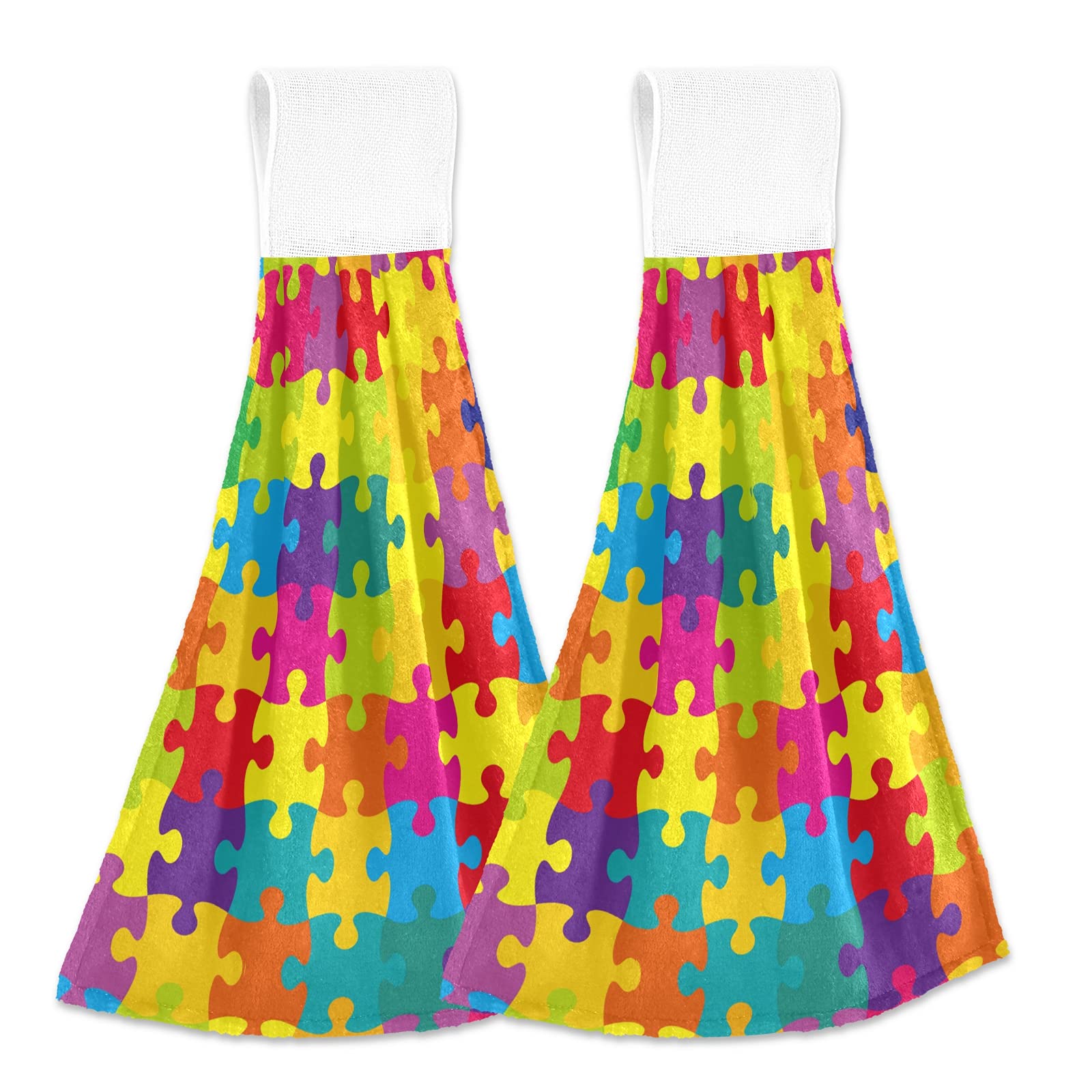 Susiyo Colorful Puzzle Print Kitchen Towels - 2 Pack Hanging Dish Cloths with Ties for Kitchen Decor | Absorbent & Durable for Cooking, Cleaning & Home Decoration