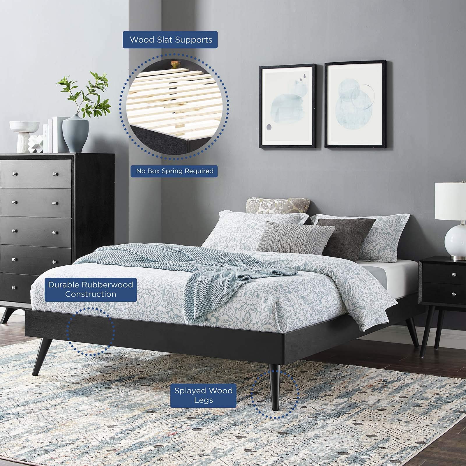 Modway Margo Queen Wood Platform Bed Frame in Black - Modern Minimalist Bedroom Furniture for Home & Apartment