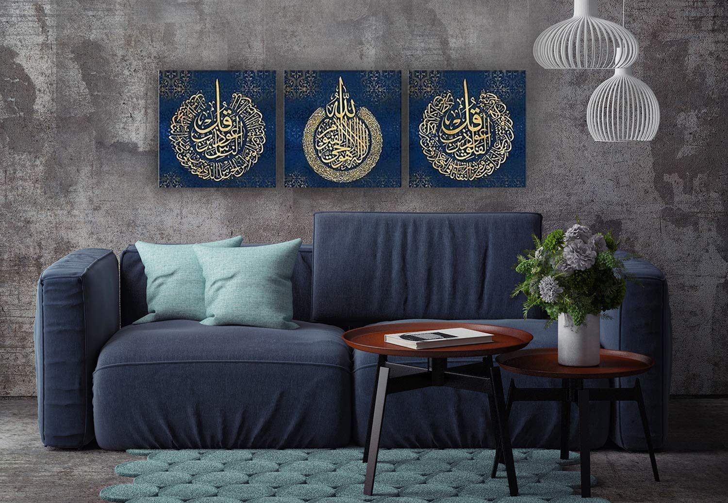 YOBESHO Islamic Wall Art Set - Ayatul Kursi, Al-Falaq & Al-Nas Canvas Prints (3-Piece, 15.7x15.7 inches each) - Muslim Home Decor, Islamic Gifts, Arabic Calligraphy Art in Dark Blue - Perfect for Living Room, Prayer Room & Mosque Decoration