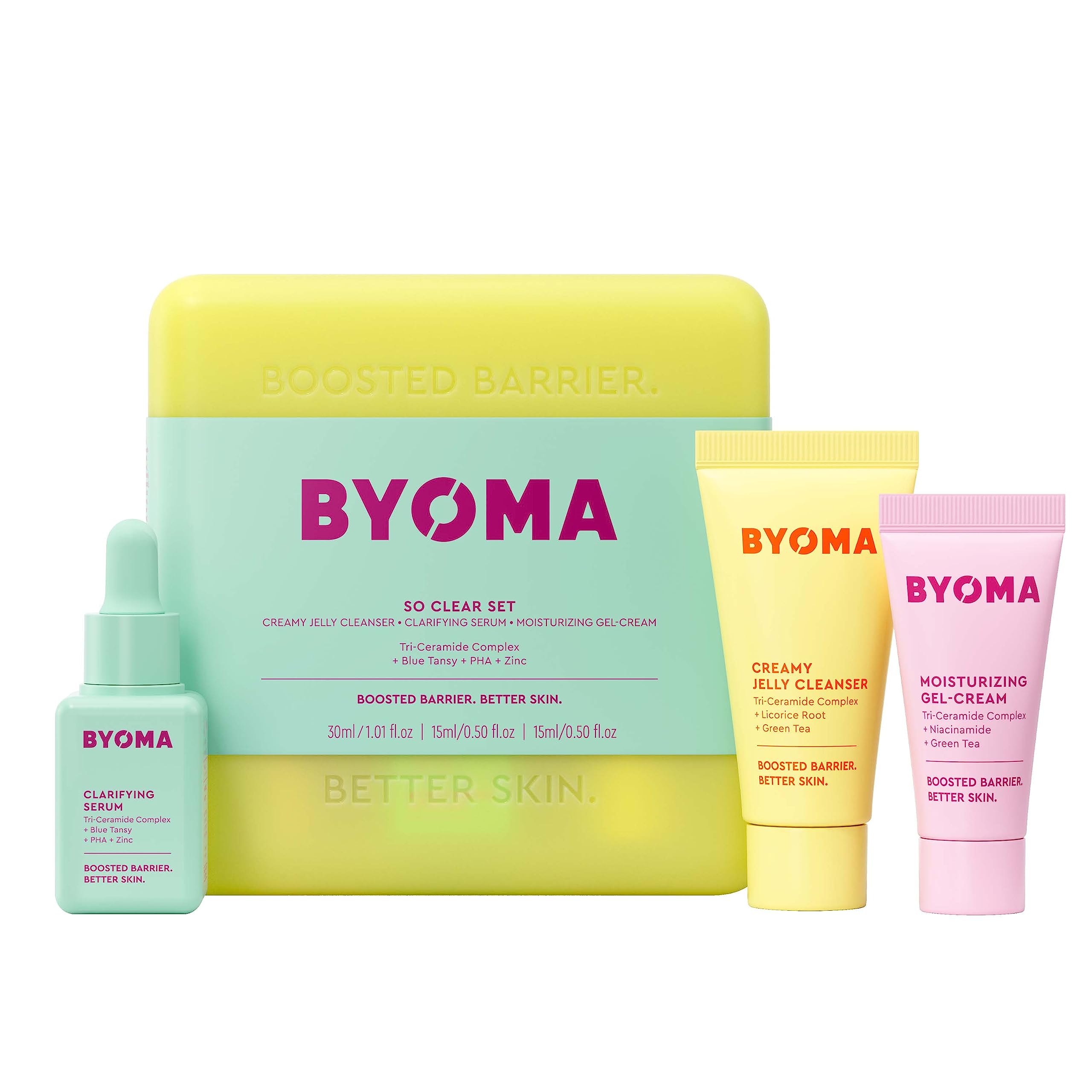 BYOMA So Clear Set - Acne Treatment Skincare Kit with Barrier Repair - Creamy Jelly Cleanser, Clarifying Serum & Gel-Cream Moisturizer for Clear Skin - Unclogs Pores, Reduces Blemishes (30ml+15ml+15ml) - Perfect for Daily Acne-Prone Skin Care Routine & Travel Skincare Essentials