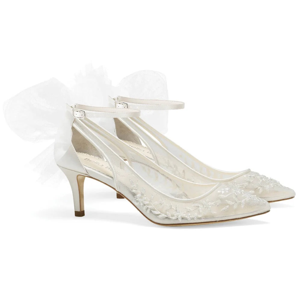 Esther Floral and Tulle Bow Kitten Heel Pumps - Elegant Women's Dress Shoes for Weddings, Parties & Special Occasions