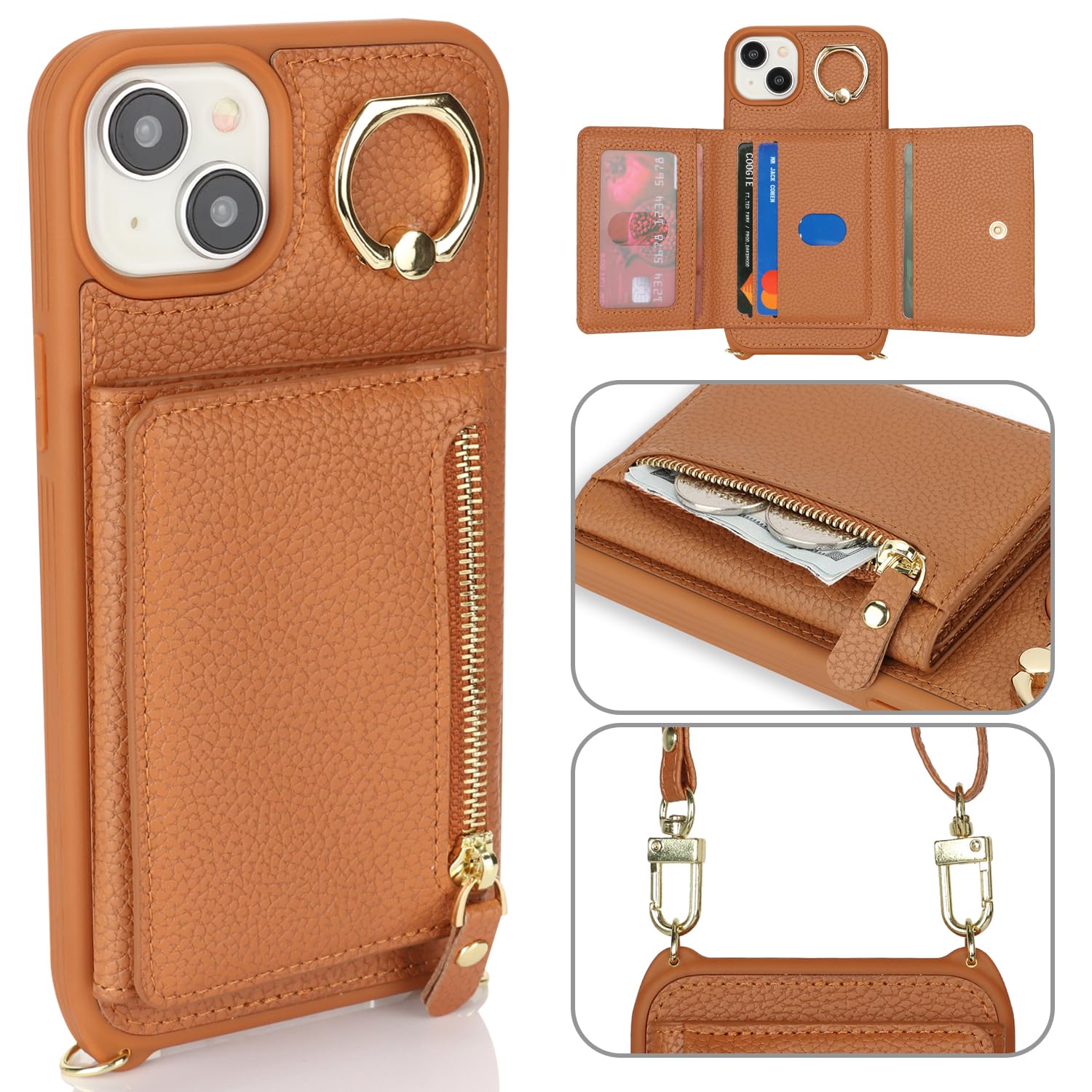 Premium PU Leather iPhone 15 Plus Case with Card Holder & Crossbody Strap - Wallet Phone Case with Zipper Pocket & Stand Ring (Brown) | Perfect for Women's Everyday Use, Travel & Hands-Free Convenience