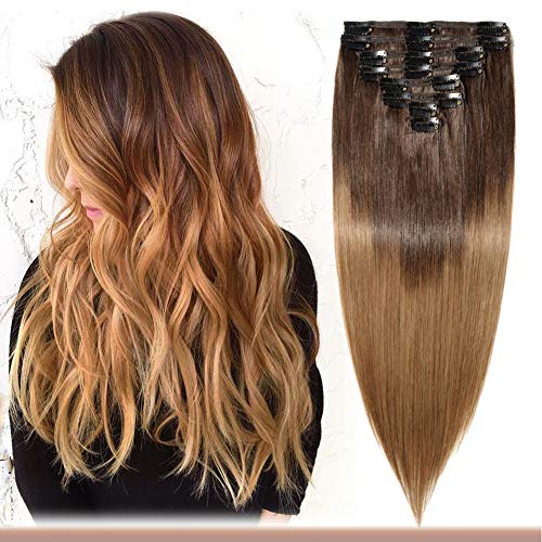 Benehair 14inch 120g Clip-in Human Hair Extensions - Ombre Balayage Dark Brown to Light Brown, Double Weft Long Straight Real Human Hair, 8pcs with 18 Clips - Perfect for Parties, Weddings & Everyday Styling