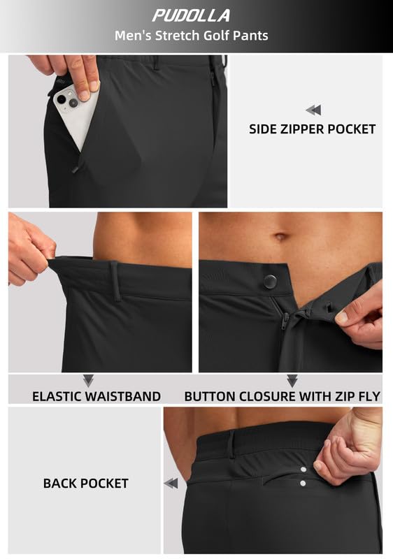 Pudolla Men's Slim Fit Golf Joggers with Zipper Pockets - Stretch Lightweight Sweatpants for Casual & Dress Wear | Perfect for Golf, Travel & Everyday Comfort