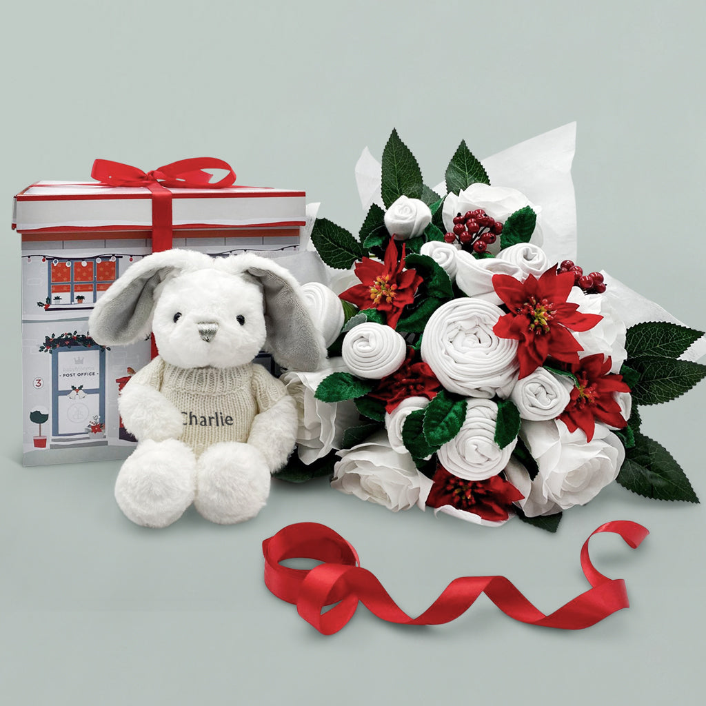 Personalized Baby Bunny Jumper with Luxury Rose Bouquet - Christmas Baby Clothes Gift Set for Newborns & Christening - Perfect for Baby Showers, Birthdays & Holiday Celebrations