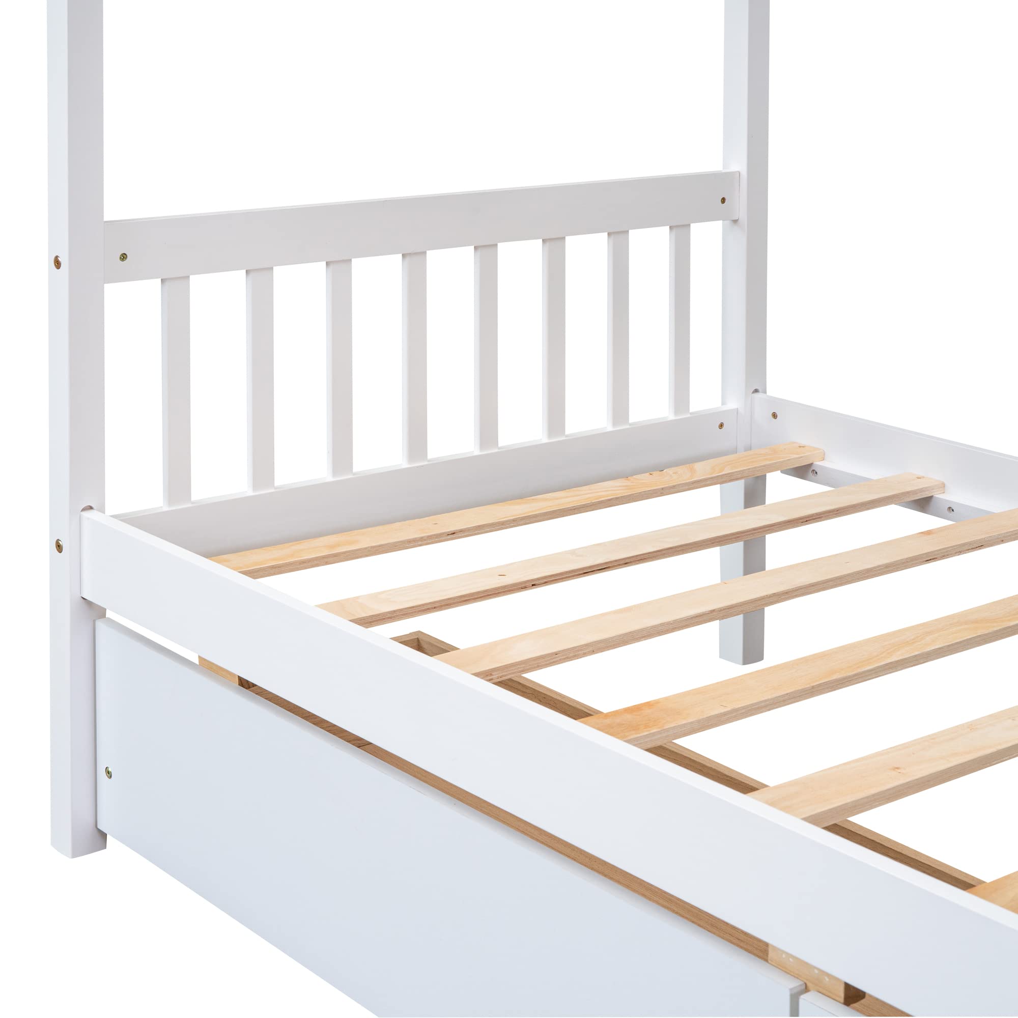 Harper & Bright Designs Twin Size Wooden House Bed Frame with Storage Drawers - Roof Design for Kids, Boys & Girls - Perfect for Bedrooms, Playrooms & Sleepovers (White)