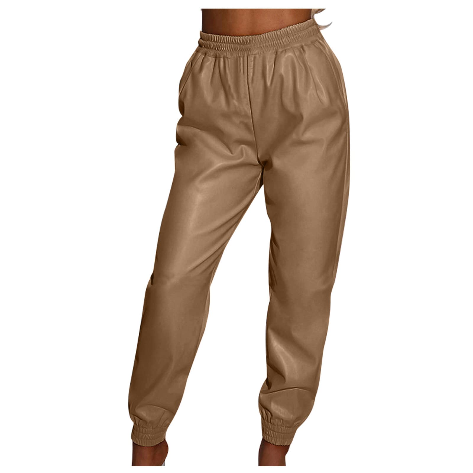 Women's Faux Leather Pants High Waist Stretch Straight Leg Trousers with Pockets for Casual Outfits