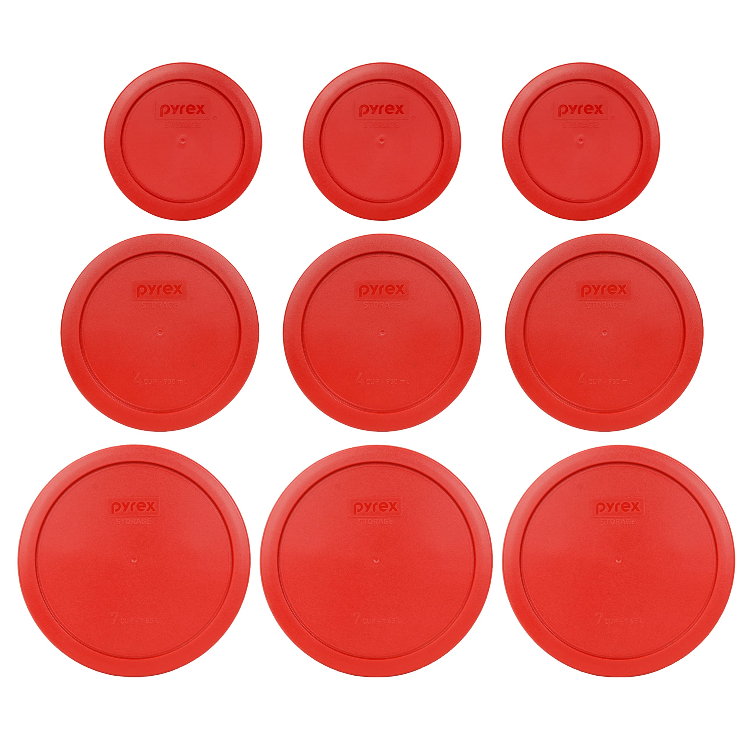 Pyrex 9-Piece Round Plastic Food Storage Replacement Lids Set - Poppy Red (3 Sizes: 7200-PC, 7201-PC, 7402-PC) | BPA-Free, Made in USA | Perfect for Meal Prep, Leftovers & Pantry Organization