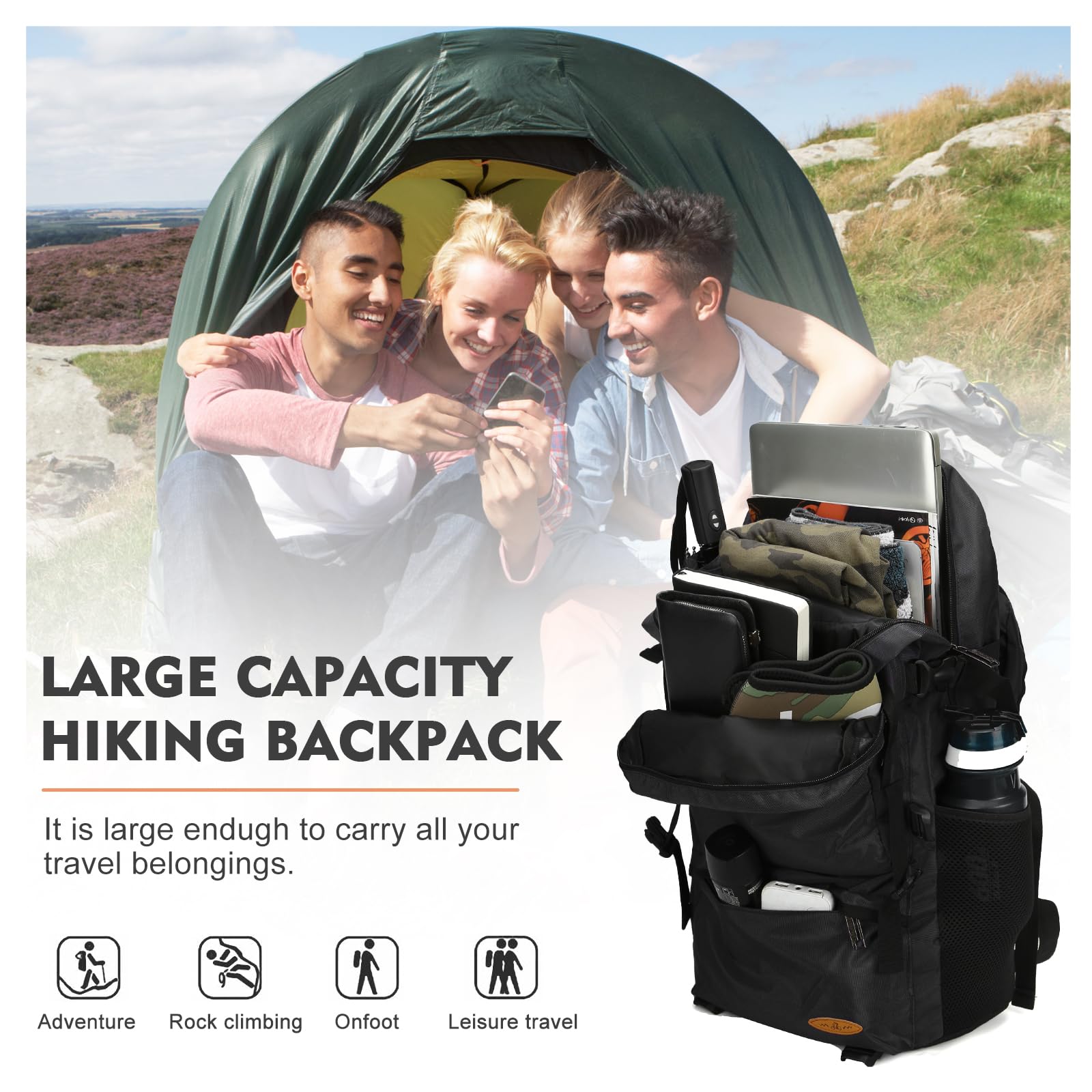 VGCUB Large Travel Backpack - Lightweight Waterproof Hiking & Camping Rucksack for Outdoor Sports, Gym & Daily Use - Extra Large Carry On Daypack for Men & Women (Black) - Perfect for Travel, Hiking, Camping & Work Commute