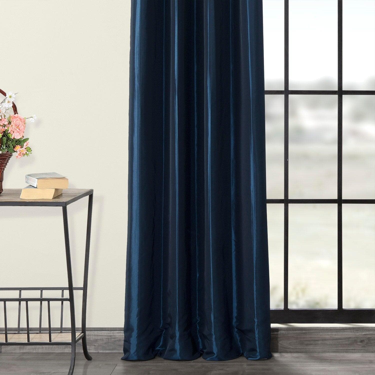 Navy Blue Grommet Faux Silk Taffeta Blackout Curtains for Bedroom & Living Room - Light Blocking, Noise Reducing Window Drapes for Home Decor