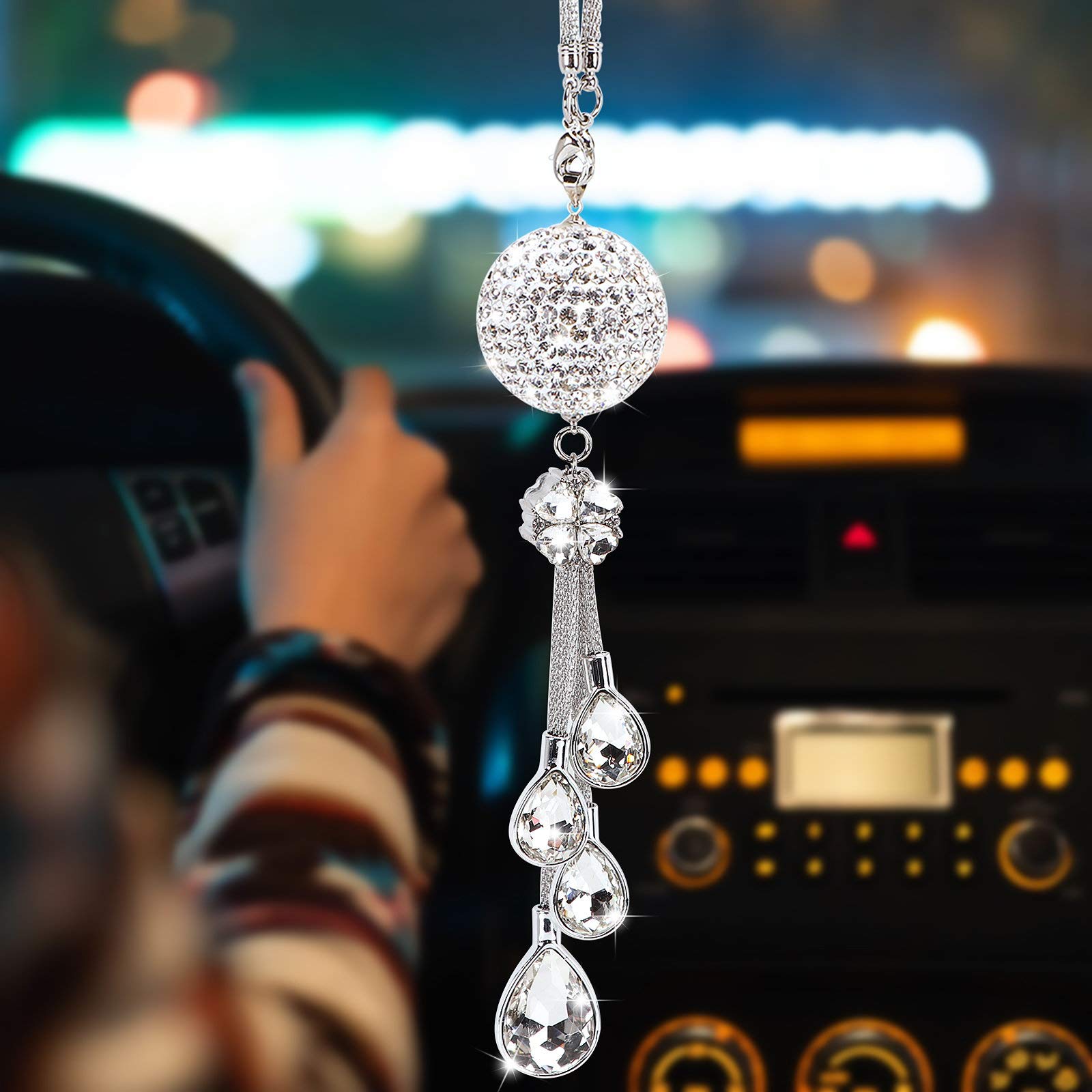 Elegant Crystal Rearview Mirror Pendant for Women - White Car Bling Accessories | Stylish Interior Decor & Gift Idea for Car Lovers | Perfect for Daily Commute, Road Trips & Personalizing Your Vehicle