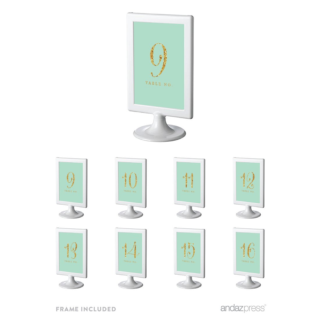 Andaz Press Gold Glitter Framed Table Numbers 9-16 - 4x6 Inch Double Sided Mint Green Cardstock Signs with Frame - Perfect for Weddings, Parties & Special Events