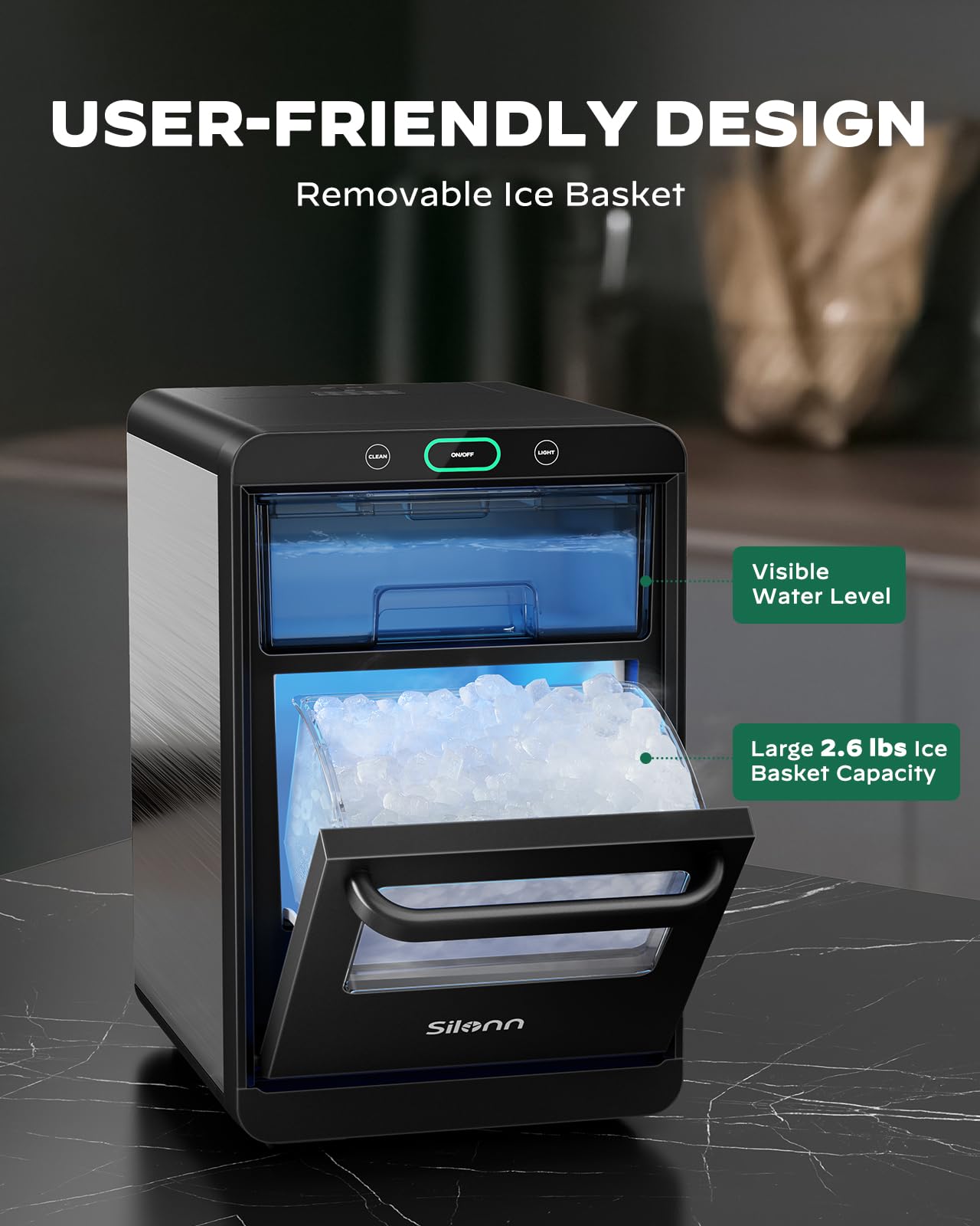 Silonn Countertop Nugget Ice Maker - 44lbs/24h Crushed Ice Machine with Pull-Out Water Tank & Removable Basket - Stainless Steel Pebble Ice Maker for Home, Kitchen, Office, Bar, RV - Perfect for Cocktails, Sodas & Entertaining