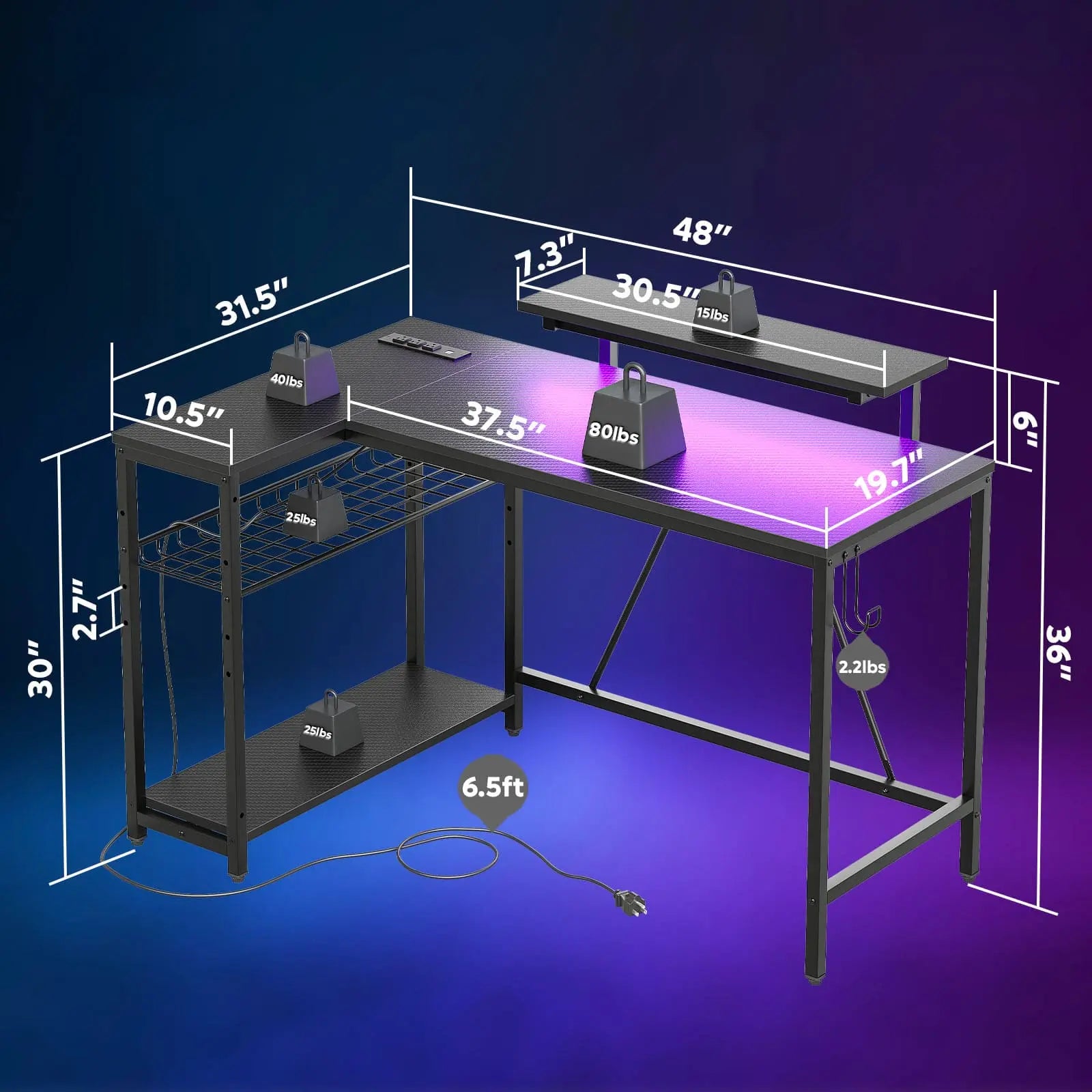 Bestier 48 Inch L-Shaped LED Gaming Desk with Monitor Stand - Ergonomic Computer Workstation for PC Gamers & Home Office Setup