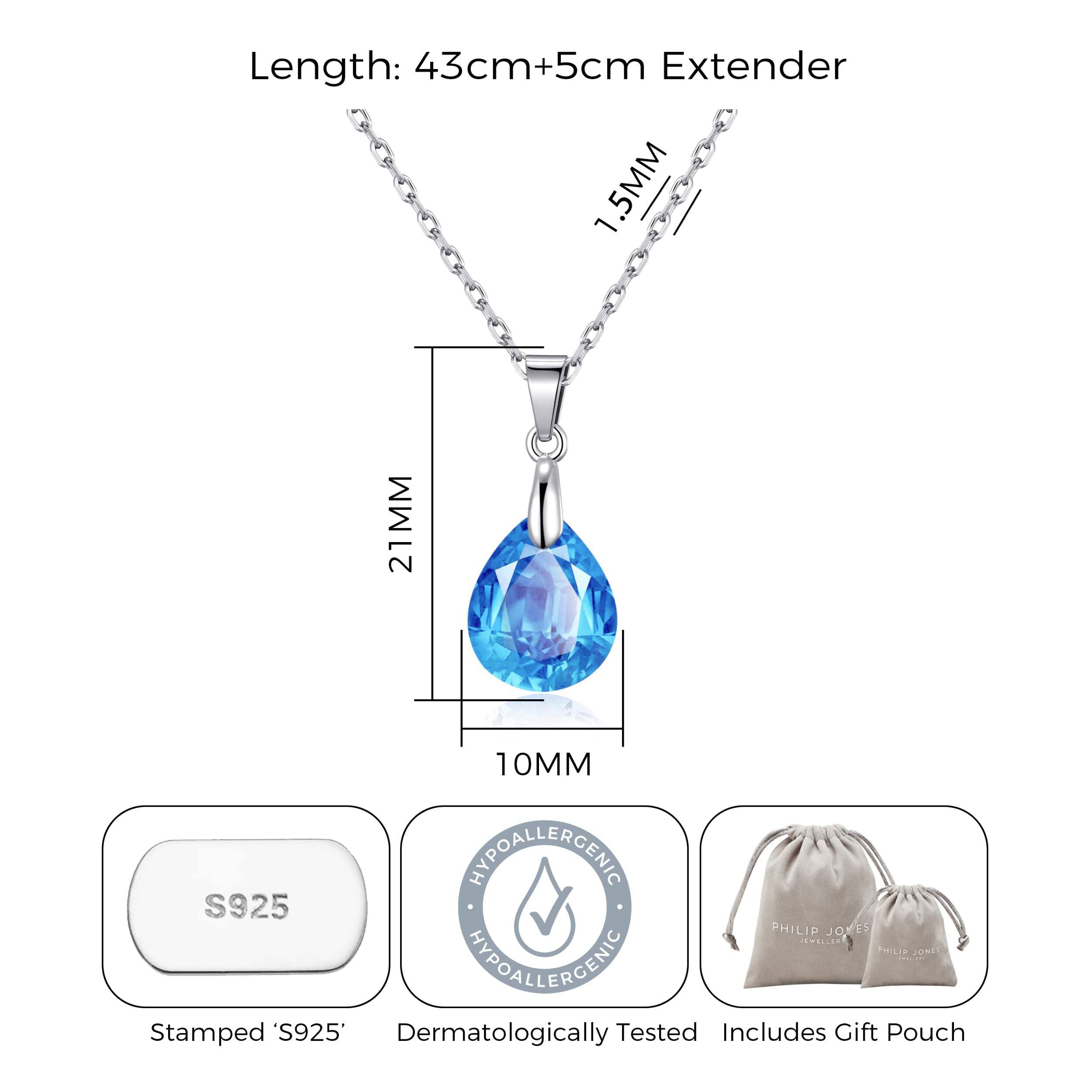 Sterling Silver Aquamarine Pear Necklace with Zirconia - Elegant Gift for Her