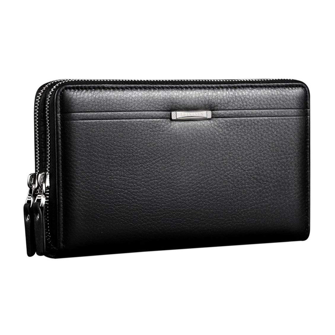 Premium Men's Leather Clutch Bag - Slim Long Purse Wallet with Double Zippers - Stylish Lichee Handbag for Business, Travel & Night Out