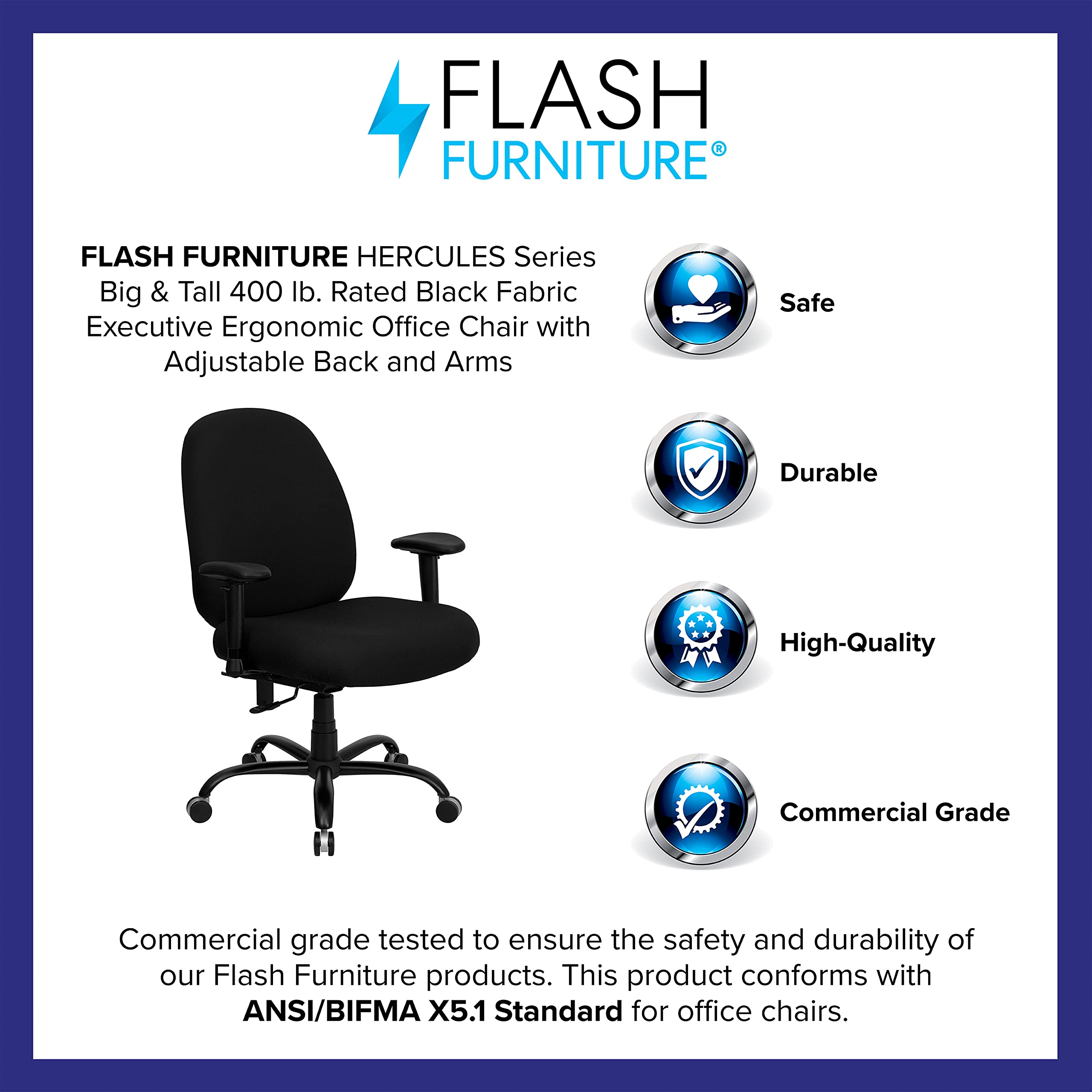 Flash Furniture HERCULES Series Big & Tall 400 lb. Capacity Black Fabric Executive Ergonomic Office Chair with Adjustable Backrest & Armrests - Perfect for Home Office, Gaming & Professional Workspaces