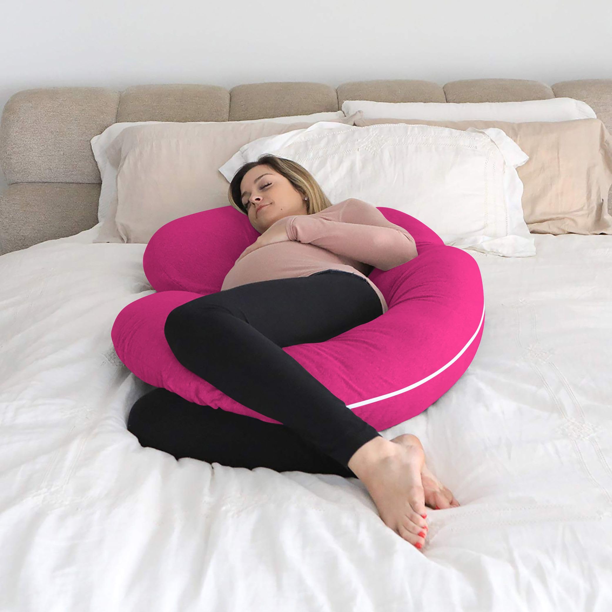 TONY'S TEXTILES 55-inch C-Shape Pregnancy Body Pillow with Egyptian Cotton Cover in Hot Pink - Maternity Support Pillow for Side Sleepers, Back Pain Relief & Comfortable Sleeping - Perfect for Pregnancy, Nursing, and Relaxation at Home
