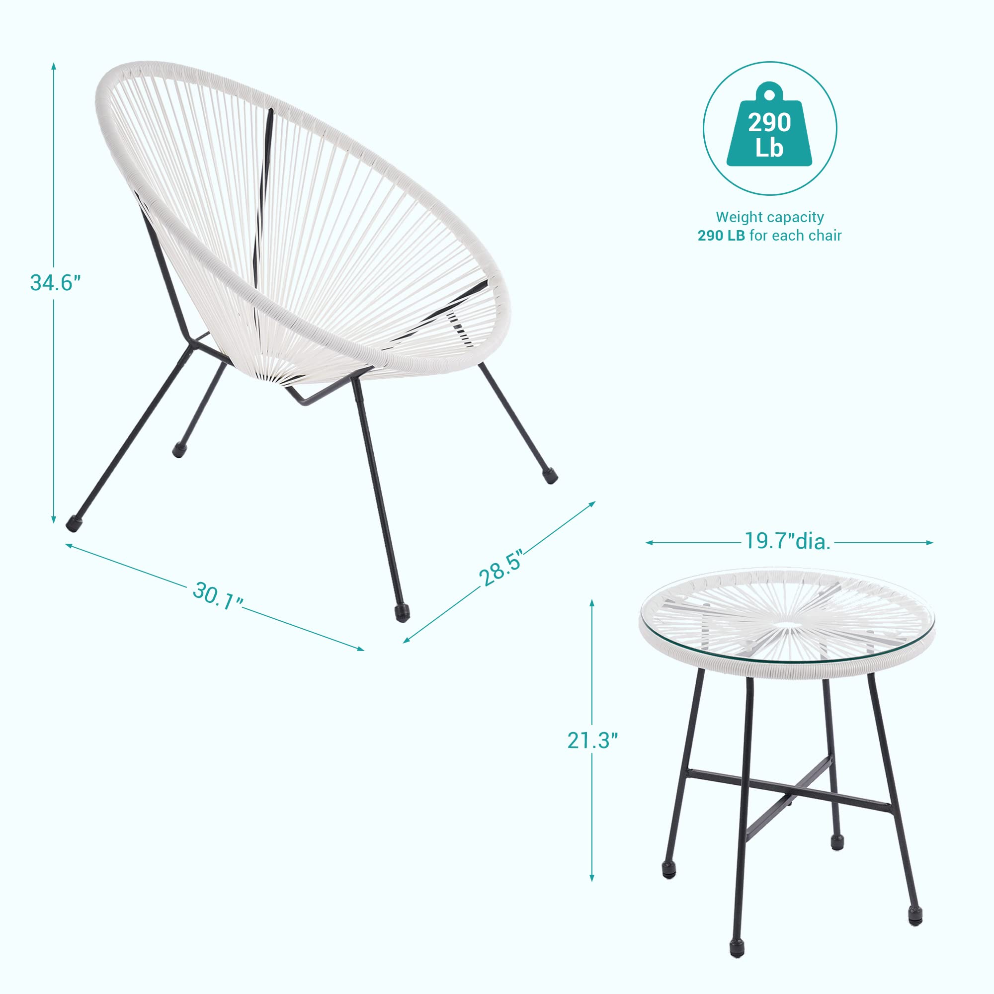3-Piece Patio Furniture Set - Acapulco Chair with Tempered Glass Table & 2 Chairs, Waterproof Wicker Outdoor Seating for Garden, Balcony, Poolside (White) - Perfect for Relaxing, Entertaining & Sunbathing