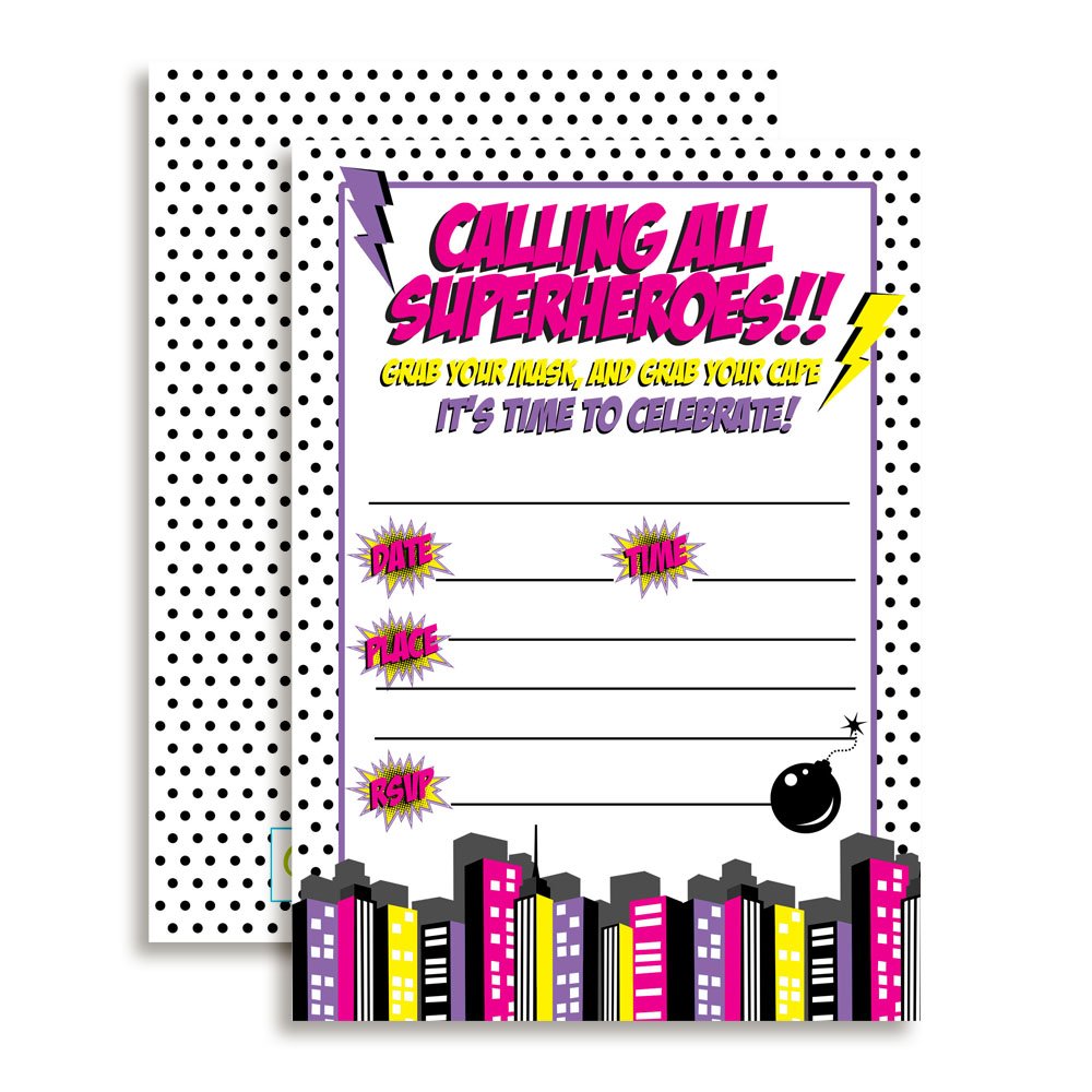 Super Hero Girl Birthday Party Invitations - 20 Pack 5x7 Fill-in Cards with Envelopes - Perfect for Superhero Themed Birthday Parties, Baby Showers & Kids Events