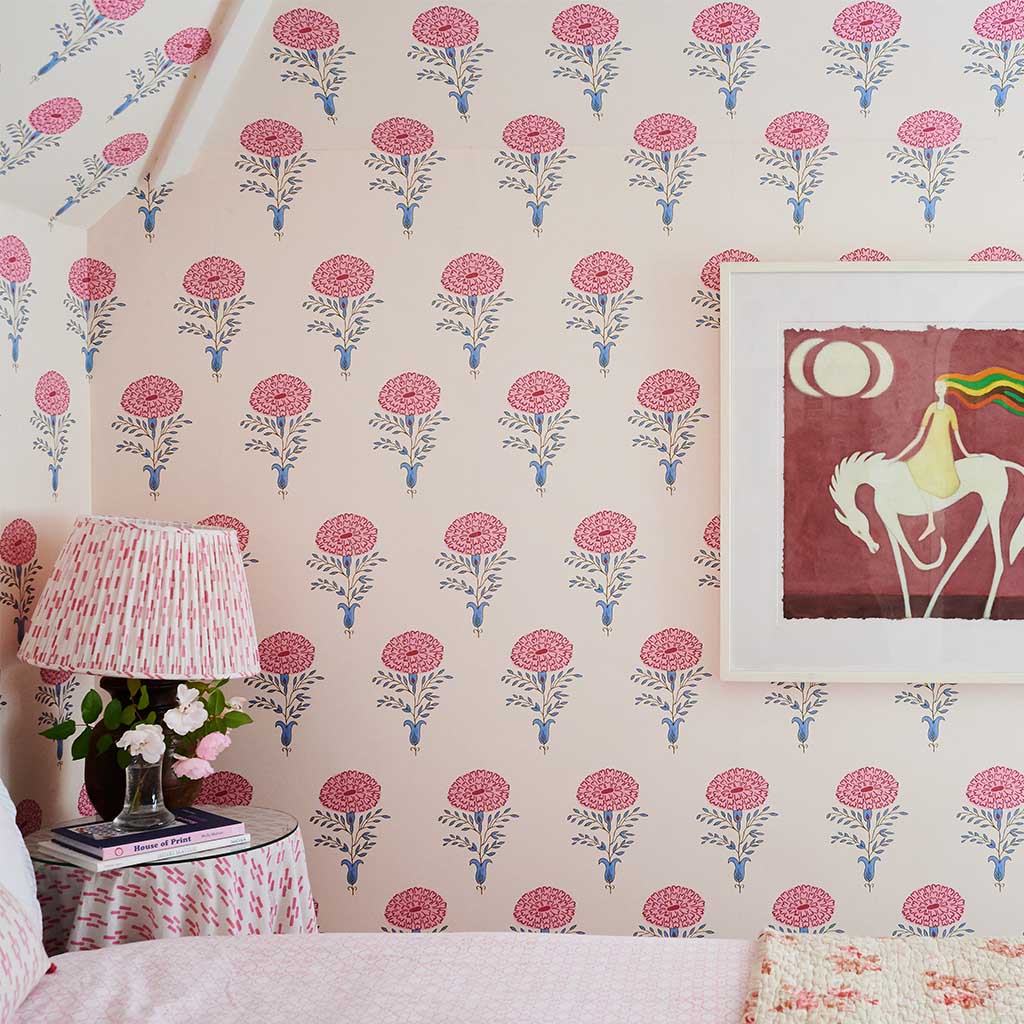 Marigold Wallpaper Pink and Blue - Floral Peel and Stick Wallpaper for Bedroom, Living Room, Nursery Decor