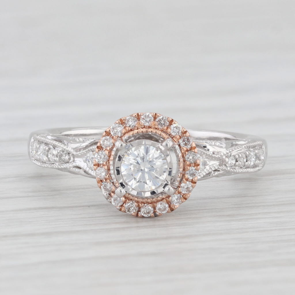 0.41ctw Round Diamond Halo Engagement Ring - 14k White & Rose Gold Wedding Band - Size 7 - Perfect for Proposals, Anniversaries & Bridal Jewelry