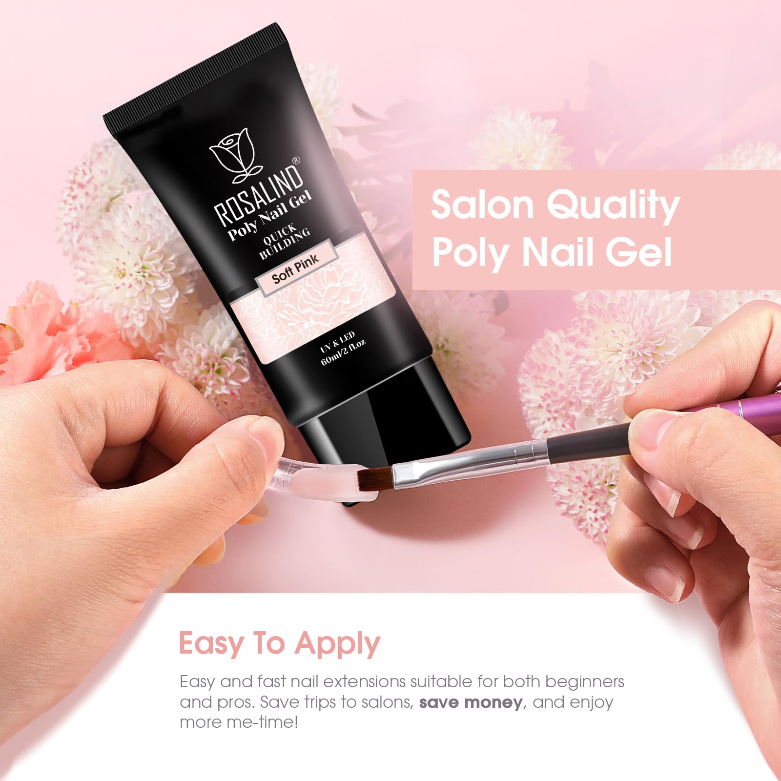 ROSALIND Soft Pink Poly Nail Gel - 2oz Nail Extension Gel for DIY Nail Art & Thickening - UV/LED Lamp Required - Perfect for Salon & Home Manicures, Nail Enhancements & Creative Designs