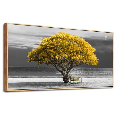 Yellow Tree Moon Natural Wood Framed