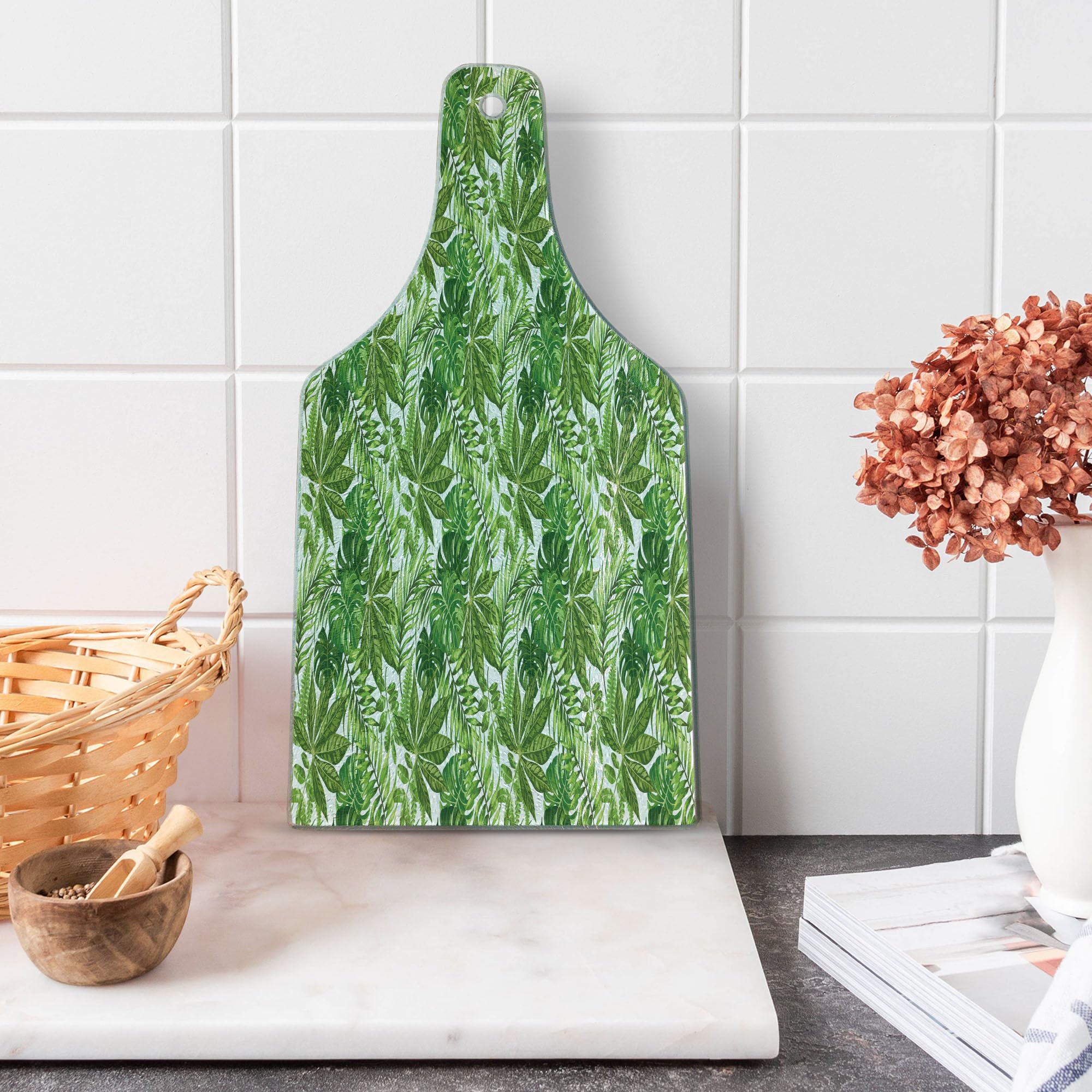 Ambesonne Palm Leaf Tempered Glass Cutting Board - Jungle Foliage Design, Madagascar Aloha Botanical Forest Plant Pattern - Decorative Serving Board for Kitchen, Dining & Entertaining - Wine Bottle Shape in Green, Olive Green & White - Perfect for Cheese Platters, Charcuterie Boards & Wine Pairings