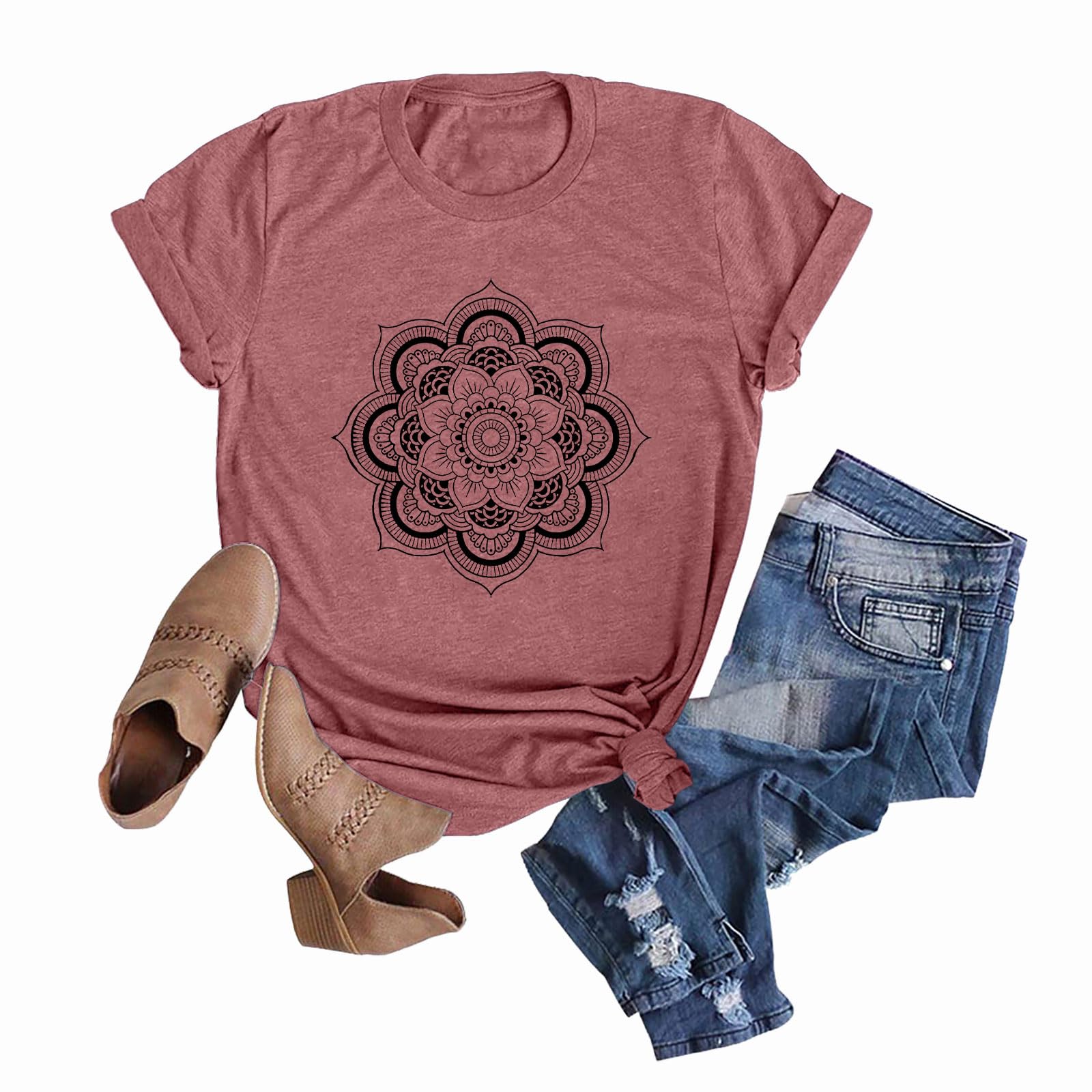 Anbech Women's Short Sleeve T-Shirt with Lotus Flower & Mandala Print - Boho Graphic Tee for Casual Wear, Yoga, Music Festivals & Summer Outfits