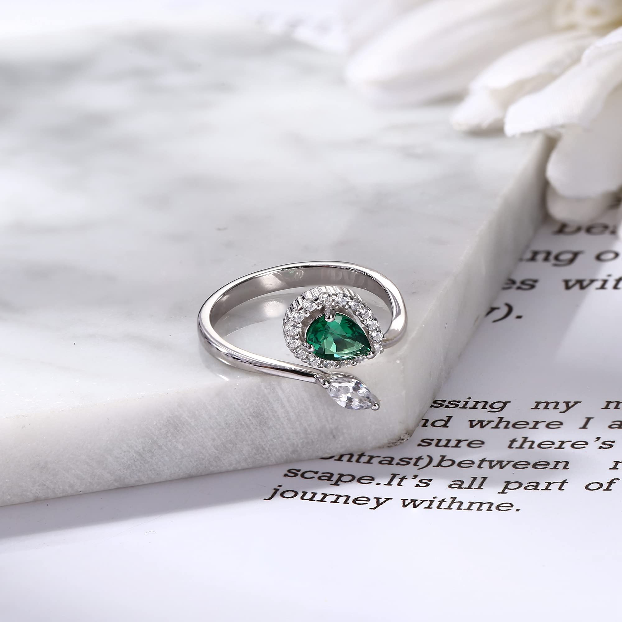 925 Sterling Silver Birthstone Rings for Women - Adjustable Teardrop CZ Engagement Rings, Mothers Day Birthday Christmas Gifts - Cubic Zirconia Open Thumb Rings for Everyday Wear & Special Occasions