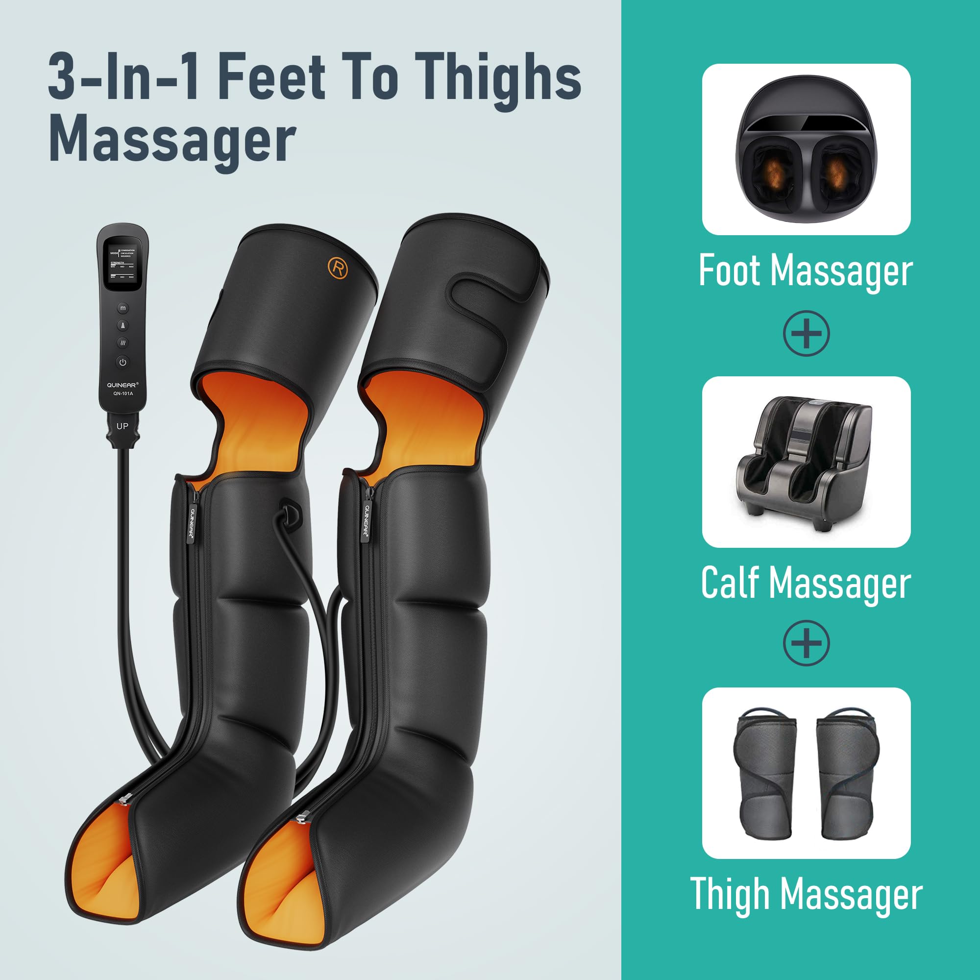 QUINEAR 3-in-1 Leg Massager for Foot, Calf & Thigh - Compression Therapy with Timer - Relieves Swollen Legs, Edema & RLS Pain - Perfect for Home Use, Office Relaxation & Post-Workout Recovery