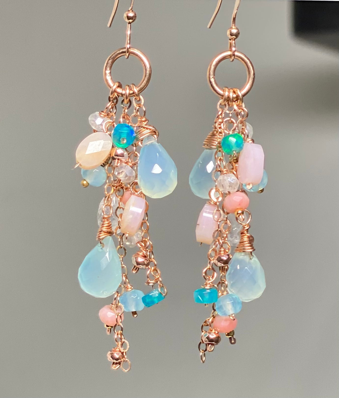 Rose Gold Filled Long Dangle Earrings with Aqua Chalcedony & Pink Opal - Elegant Boho Jewelry for Women, Perfect for Weddings, Parties & Everyday Wear