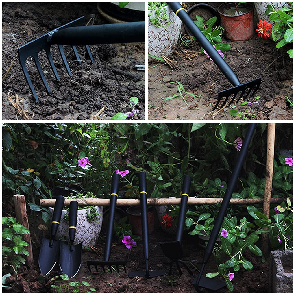 6-Tine Manganese Steel Garden Rake with Comfortable Grip - Durable Black Hand Rake & Small Tiller Tool for Weeding, Soil Aeration, and Garden Maintenance