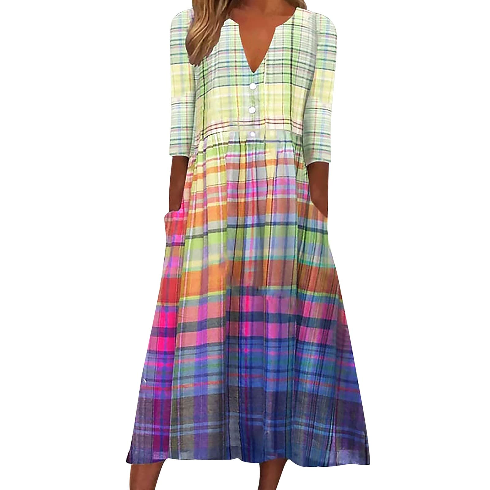 Women's Casual Summer Striped V-Neck Short Sleeve Pocket Sundress - Floral Midi Dress for Beach, Vacation & Holiday Wear | Halter Neck Long Dress for Outdoor Parties & Summer Outings