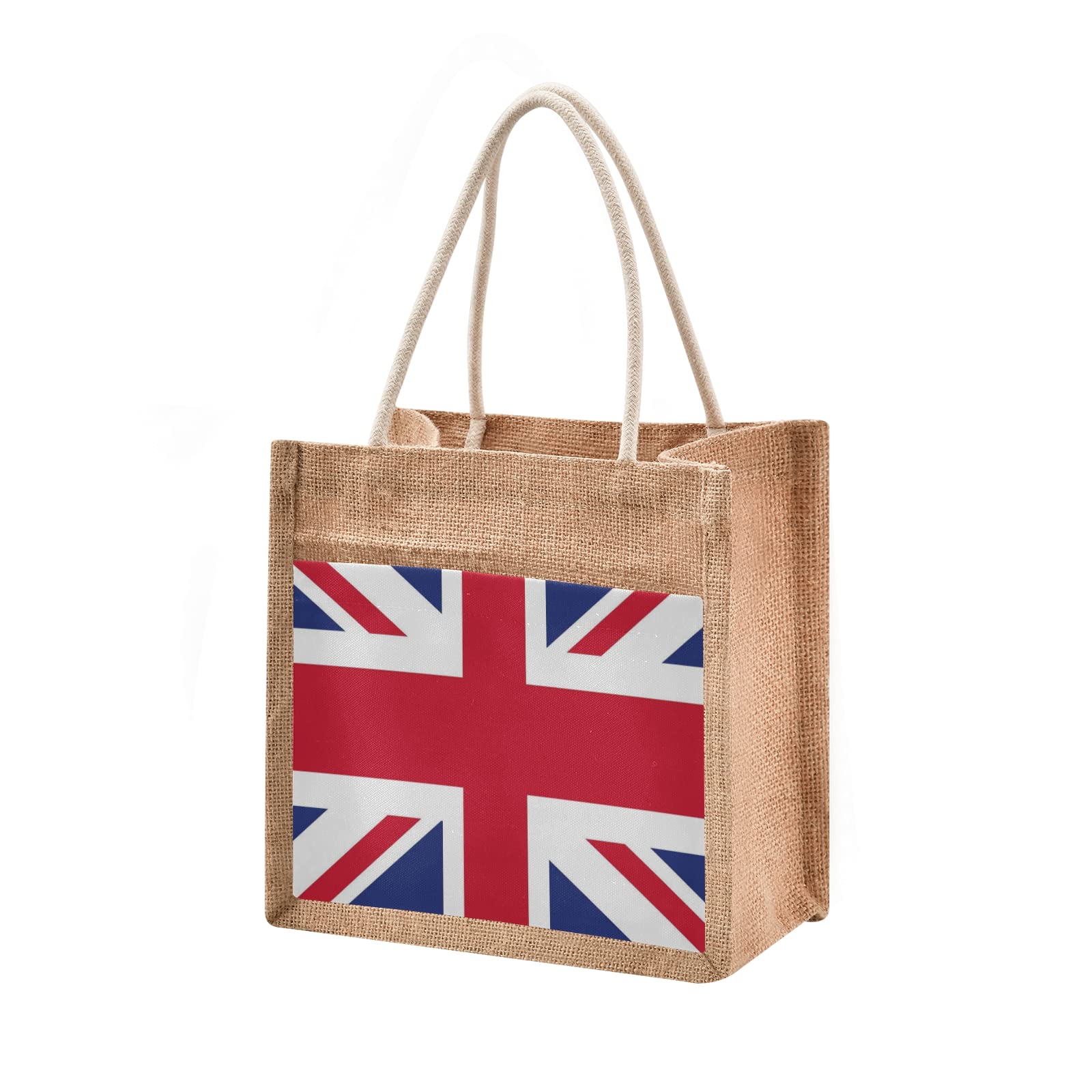 British Flag Jute Tote Bag for Women - Union Jack Pattern Grocery Shopping Bag with Handles - 14.2 x 12.6 x 7.1 Inches - Eco-Friendly Reusable Tote for Beach, Travel & Daily Use