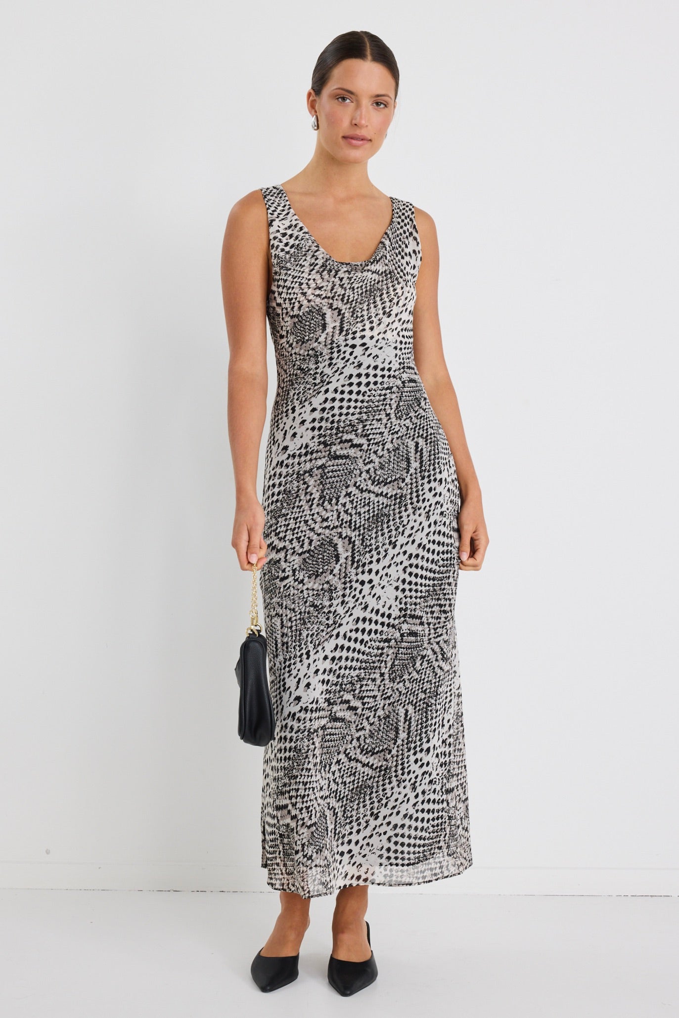 Allure Charcoal Snake Print Cowl Neck Bias Cut Slip Dress - Elegant Evening Wear for Parties, Dates & Special Occasions