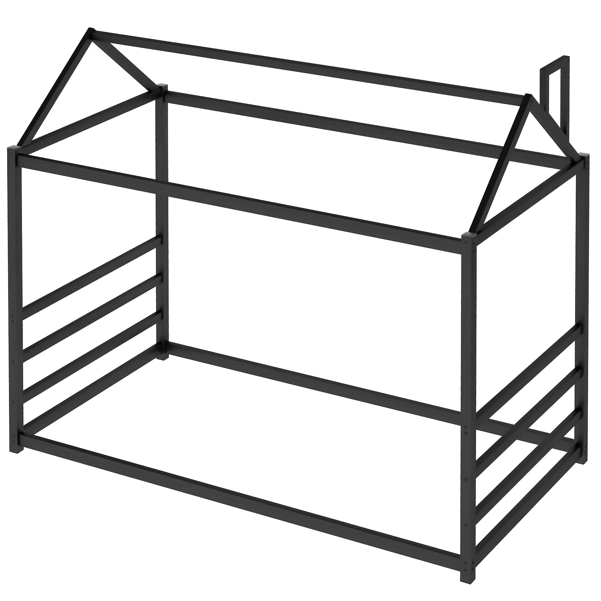 **Metal Twin Size House Platform Bed Frame with Roof Chimney Design - Sturdy Kids & Teens Bed with Headboard & Footboard - Black Bedroom Furniture for Playrooms & Themed Decor**