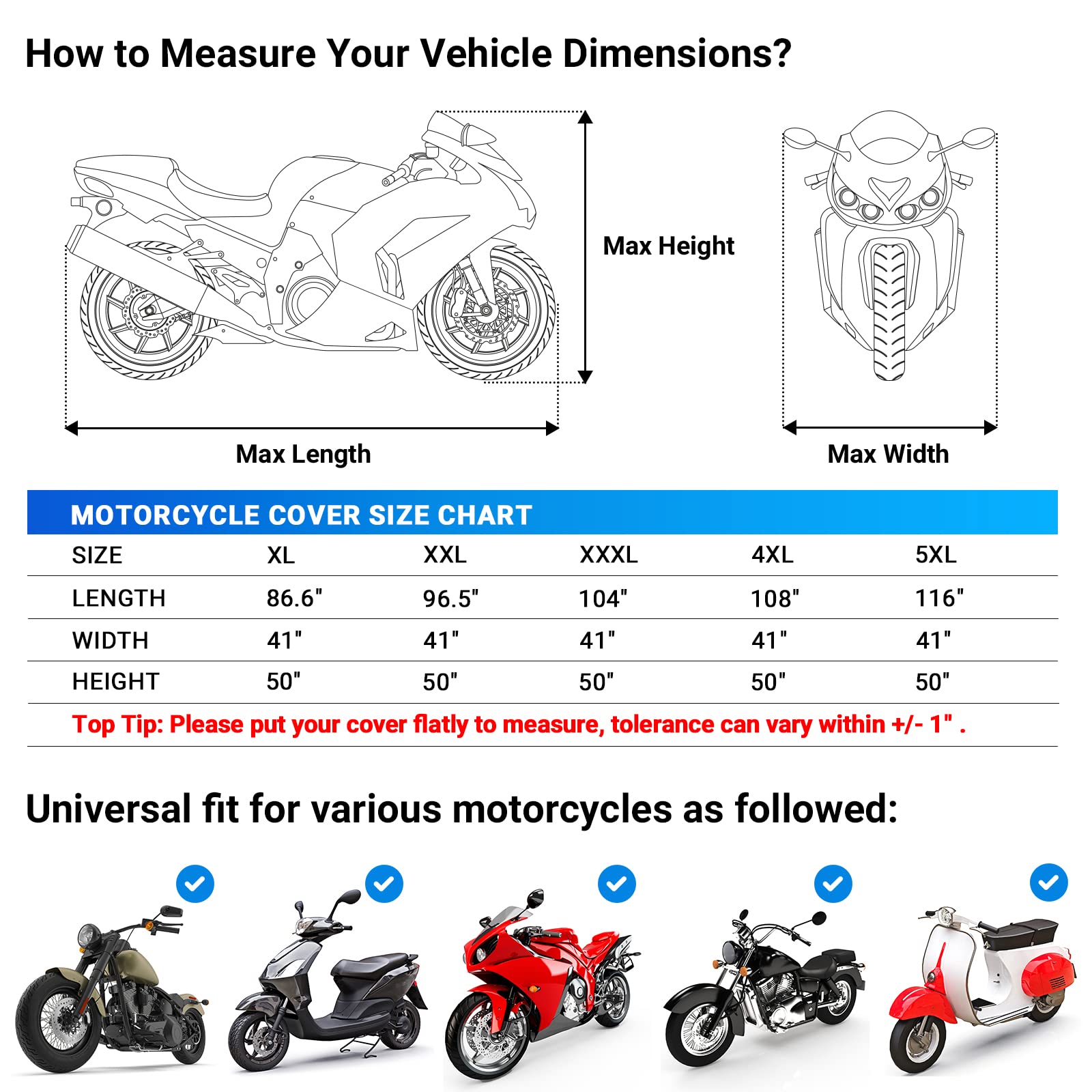 Favoto Waterproof Motorcycle Cover - UV Protection, Windproof with Reflective Strips & Buckle Lock | Storage Bag Included | Fits 104 Inch Bikes | Ideal for Outdoor Parking, Travel & Long-Term Storage (Cool Silver)