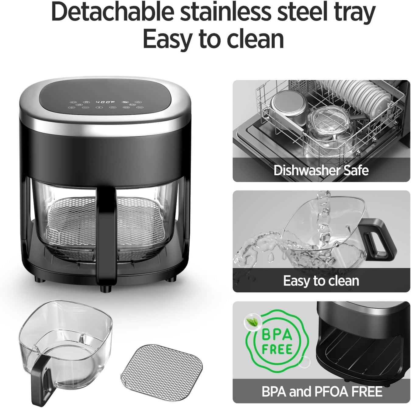 4.5QT Glass Air Fryer with Viewing Window - 6-in-1 Multi-function (Roast, Reheat, Dehydrate) | Air Crisp Technology for 97% Less Oil | Nonstick & Dishwasher Safe Basket | Digital Timer Control | Perfect for Healthy Cooking, Meal Prep & Family Dinners