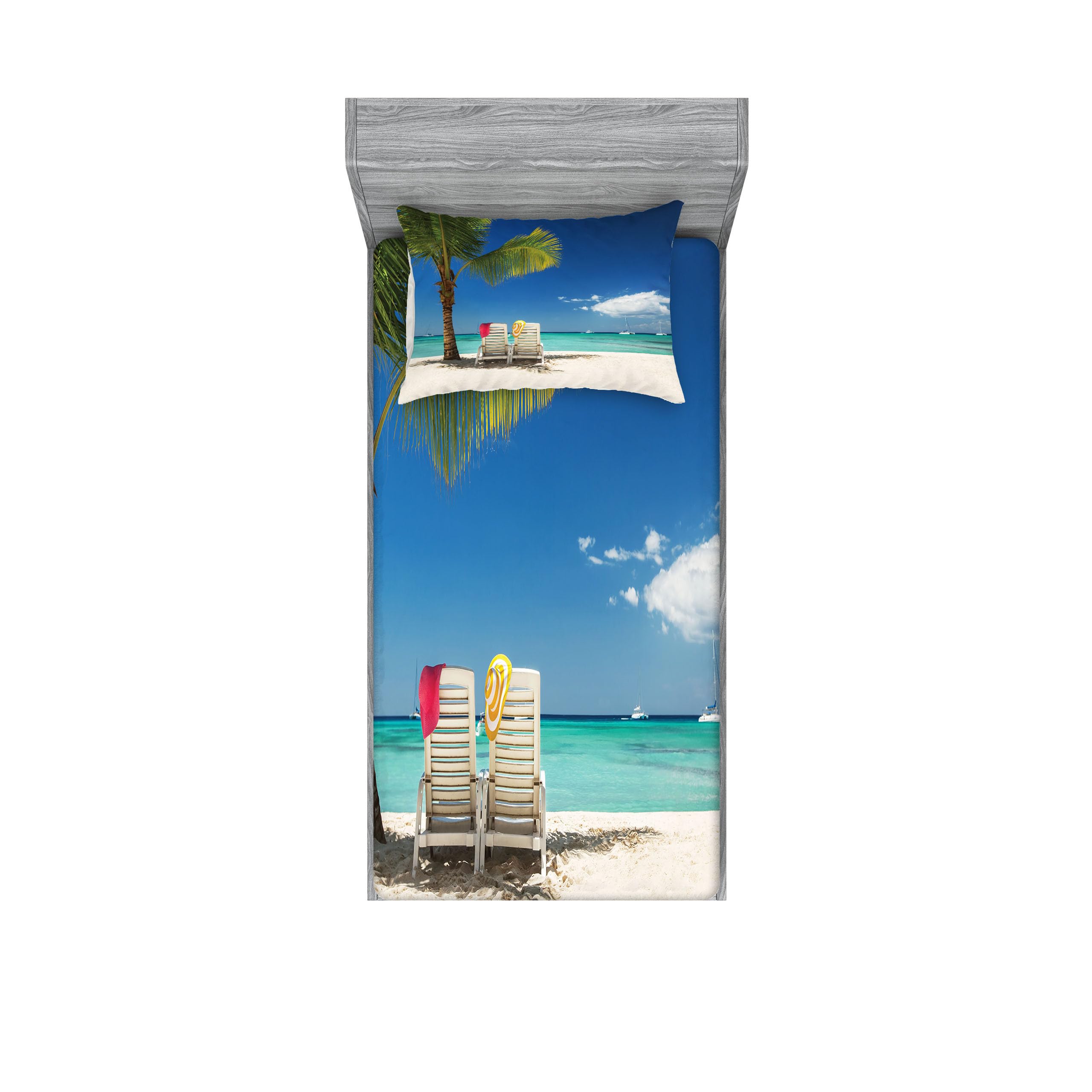 Ambesonne Seaside Fitted Sheet & Pillow Sham Set - Tropical Beach Palm Tree Chairs & Boats Panoramic Print 2-Piece Bedding Decor Set, Twin Size, Blue Green | Coastal Themed Bedroom Decor for Vacation Homes, Beach Houses & Relaxing Bedroom Retreats