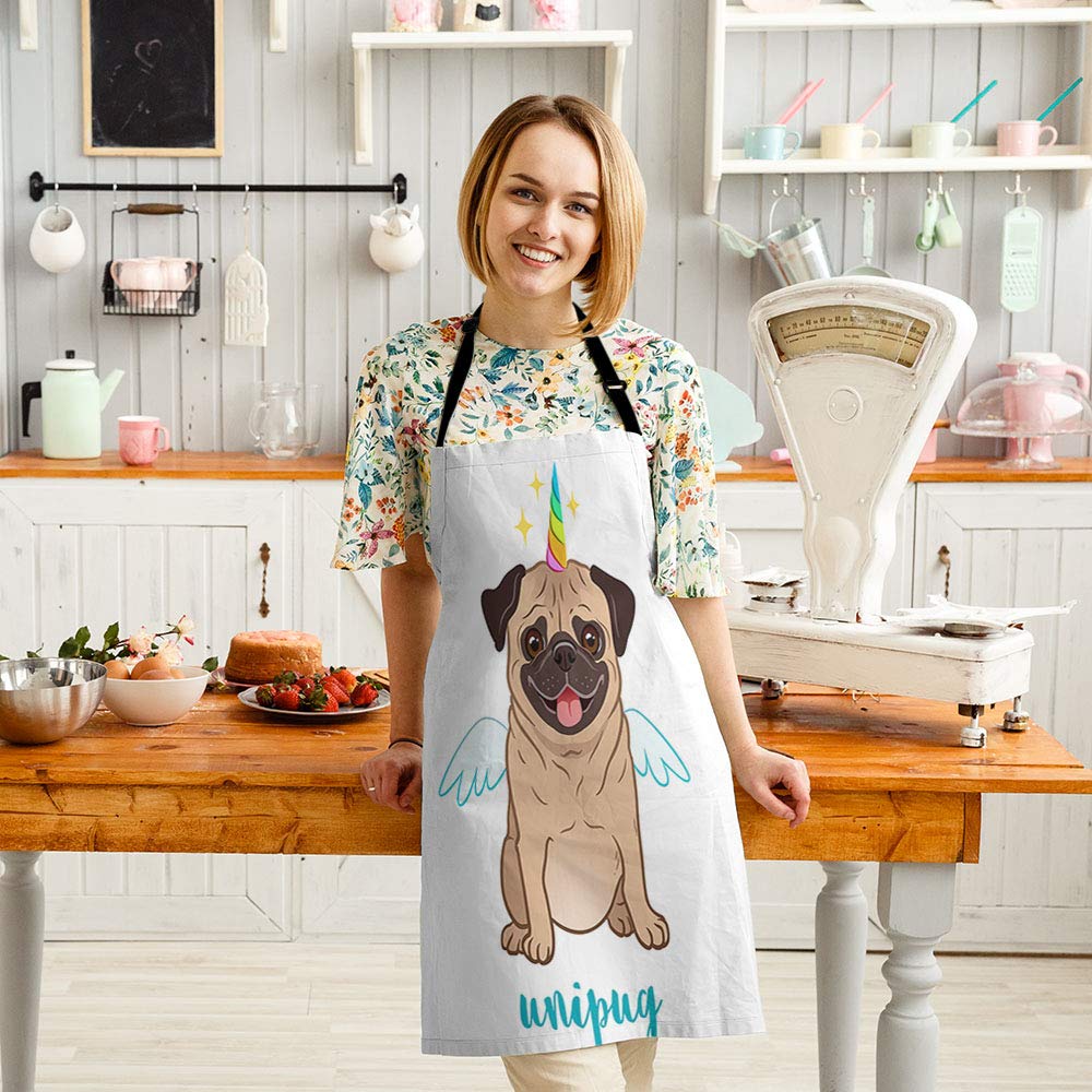 HGOD DESIGNS Unicorn Pug Dog Apron - Adjustable Kitchen Bib for Cooking & Gardening - Cute Winged Pug Design for Women & Men - Perfect for Baking, BBQ, and Home Use