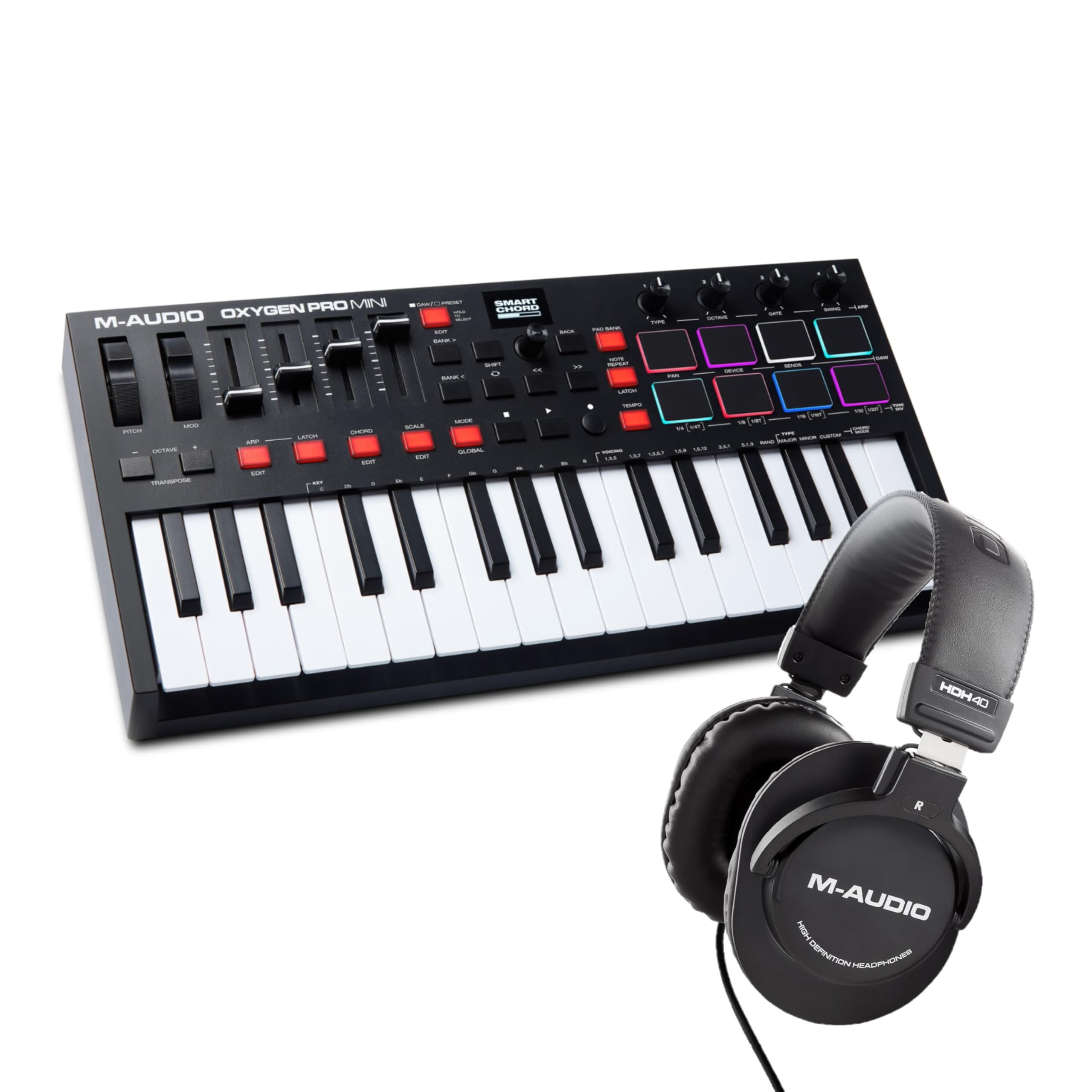 M-Audio Oxygen Pro Mini 32 Key USB MIDI Keyboard Controller with Beat Pads & HDH40 Studio Headphones - Perfect for Music Production, Home Recording & Live Performances