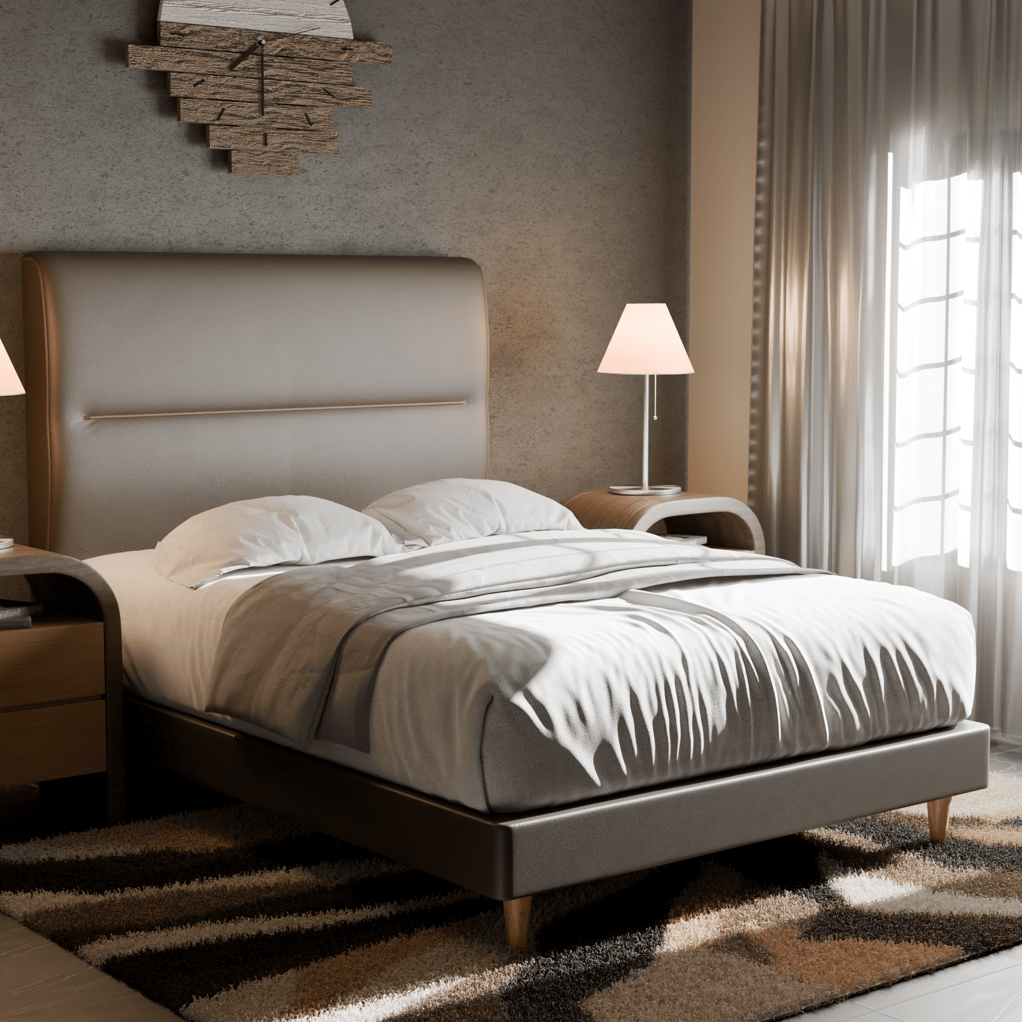 Emilia Queen Size Faux Leather Upholstered Platform Bed Frame with Wooden Slats - Modern Bedroom Furniture for Master & Guest Rooms