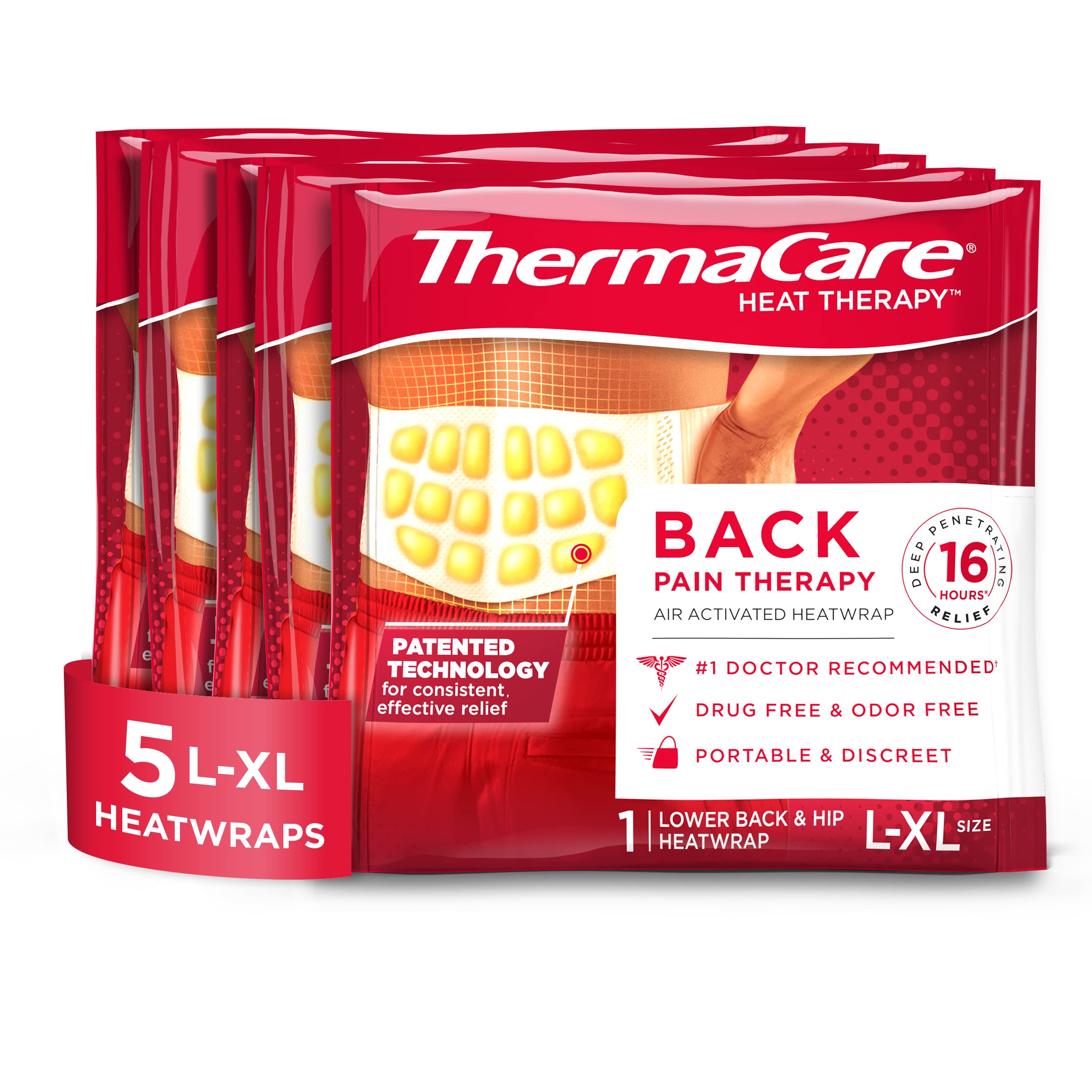 ThermaCare Advanced Back & Hip Therapy Adhesive HeatWraps - Disposable Heat Therapy Patches for Instant Muscle & Herniated Disc Pain Relief - Large/Extra Large Size (5 Count) - Perfect for Workouts, Office Use & Chronic Pain Management