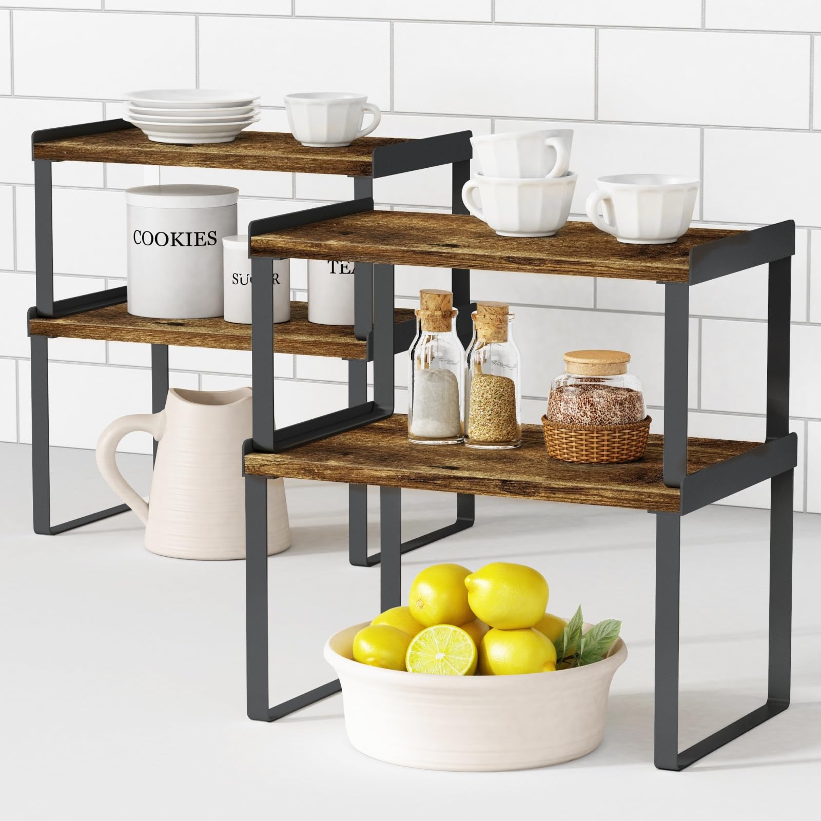 Rustic Black Expandable Kitchen Cabinet Organizer Set of 4 - Adjustable Storage Shelves for Bathroom Sink, Medicine Cabinet & Farmhouse Desk - Perfect for Small Space Organization & Home Decor