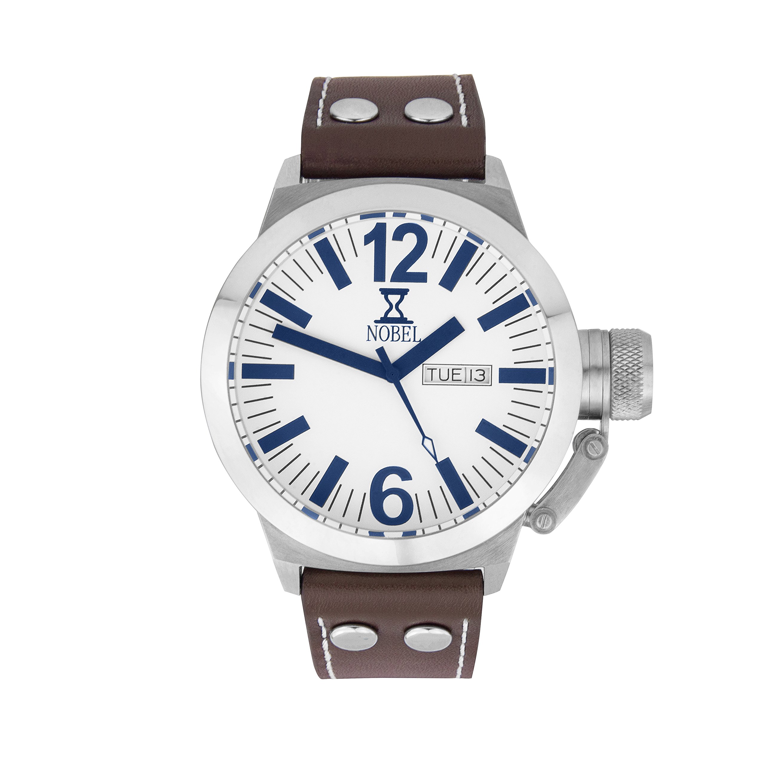 NOBEL Classic Stainless Steel Men's Watch with Genuine Brown Leather Strap - Swiss Ronda Quartz Movement - Water Resistant Dress Watch for Business & Formal Occasions