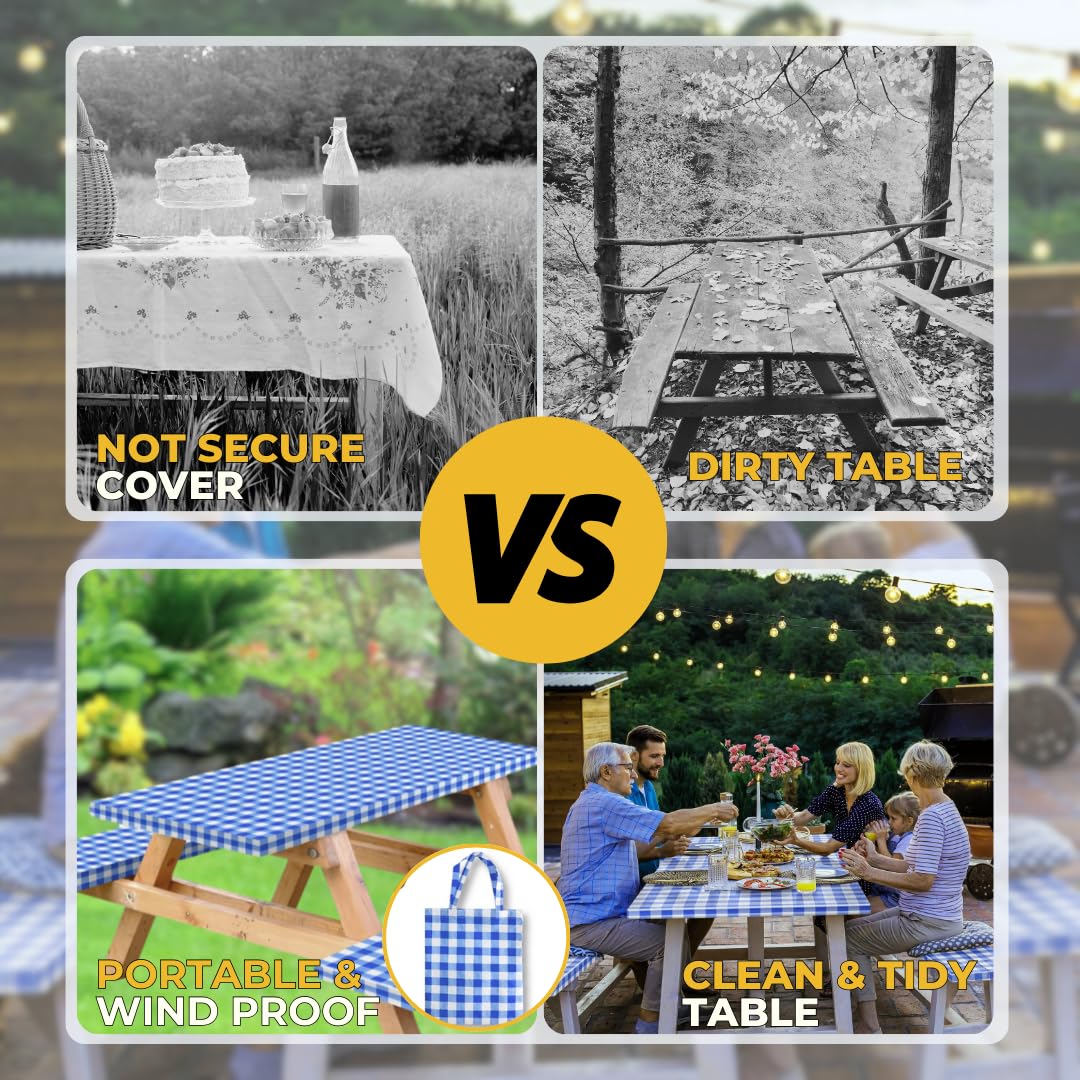 RNOONY Waterproof Vinyl Picnic Table Cover with Bench Covers & Storage Bag - 96x30 Inch 3-Piece Set (Blue Checkered) - Elastic Edges for Secure Fit - Perfect for Outdoor Dining, BBQs, Camping & Backyard Parties